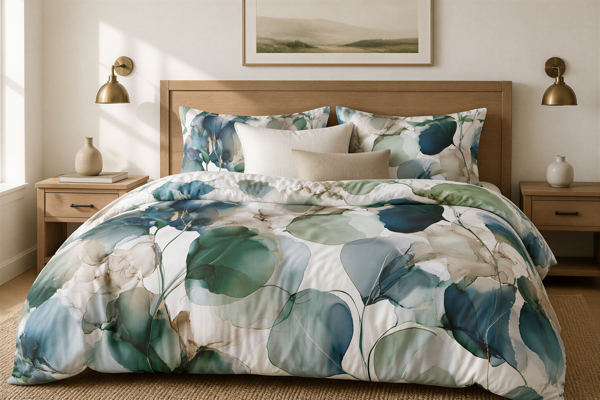 a bed with a floral comforter and pillows