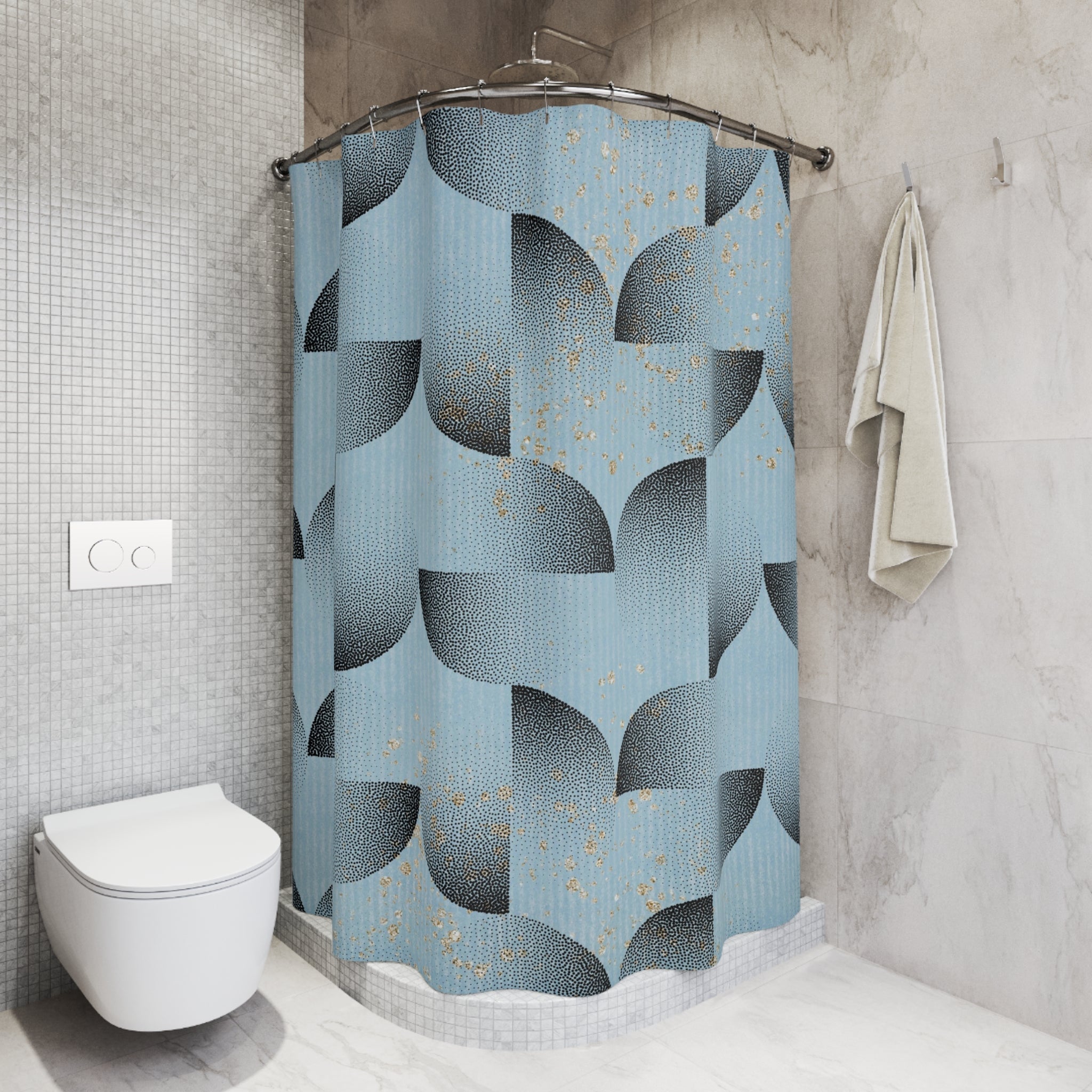 Dusty Blue Shower Curtain | Black Geometric, Gold Dust