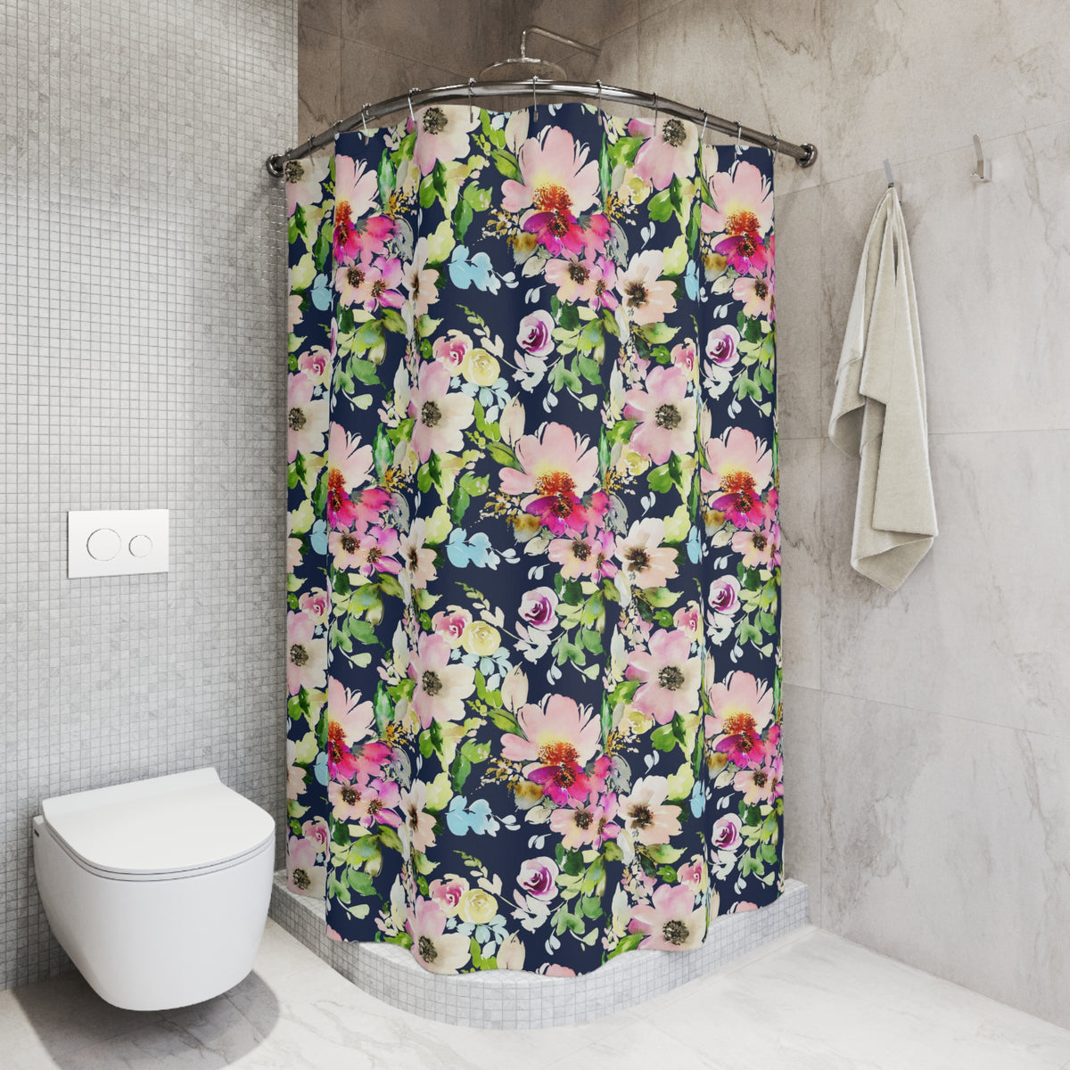 Navy Pink Watercolor Floral Shower Curtain, Bath Curtain 71x74