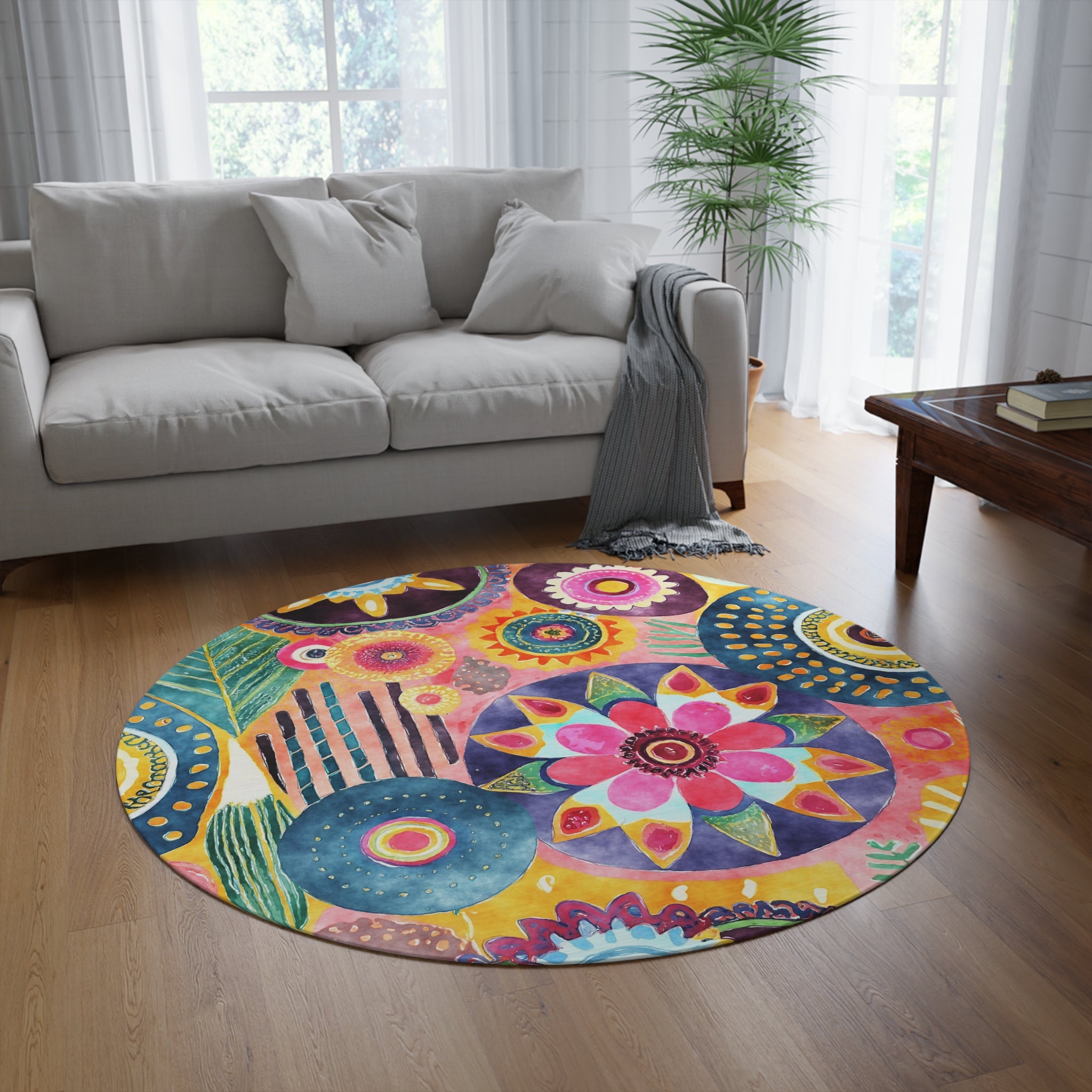 Colorful Funky Round Area Rug | Mandala Yellow Green Blue