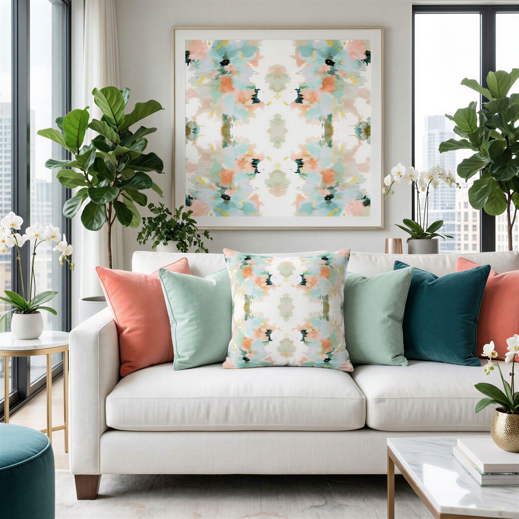 a well-decorated living room with a white sofa adorned with colorful throw pillows, a large abstract painting on the wall, and several potted plants placed around the room.