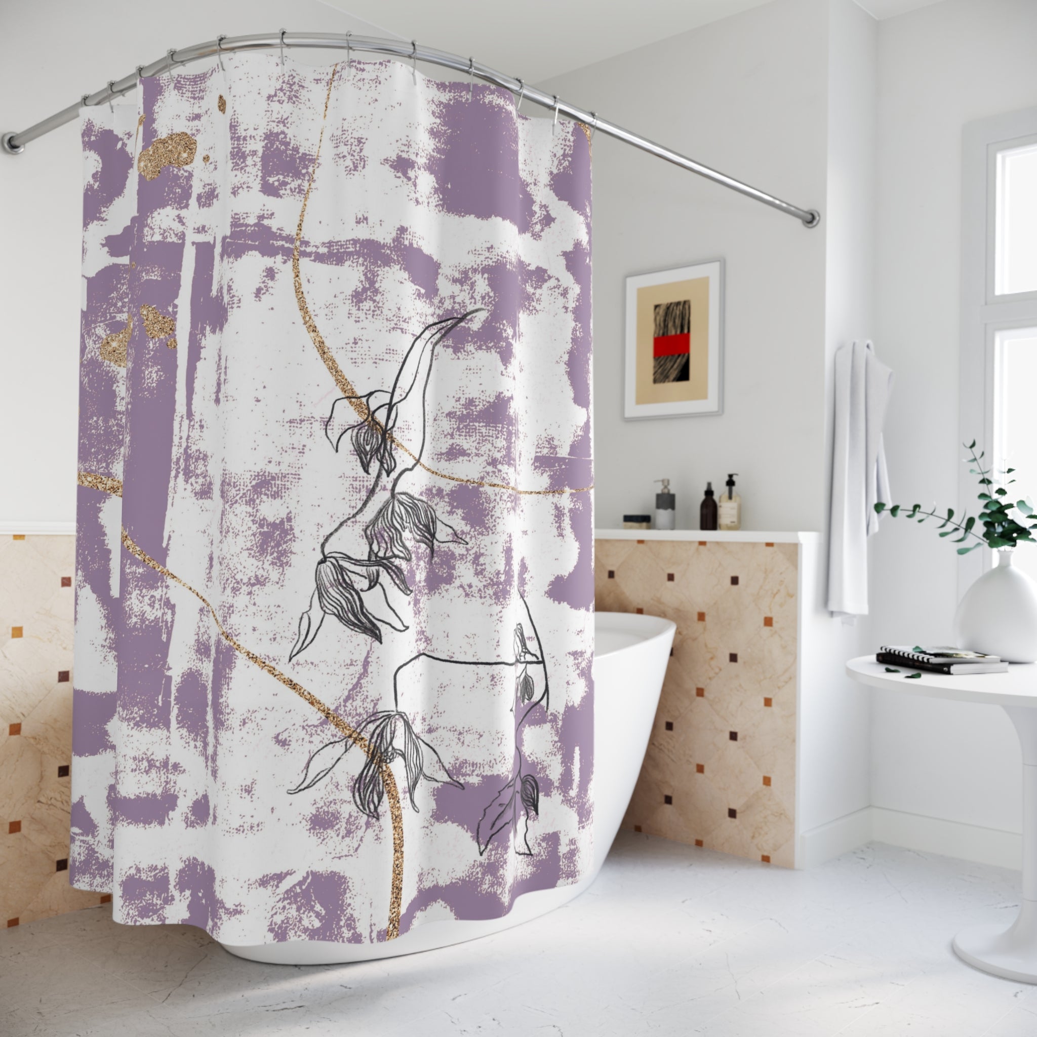 Purple White Shower Curtain | Lavender, Black Floral Art