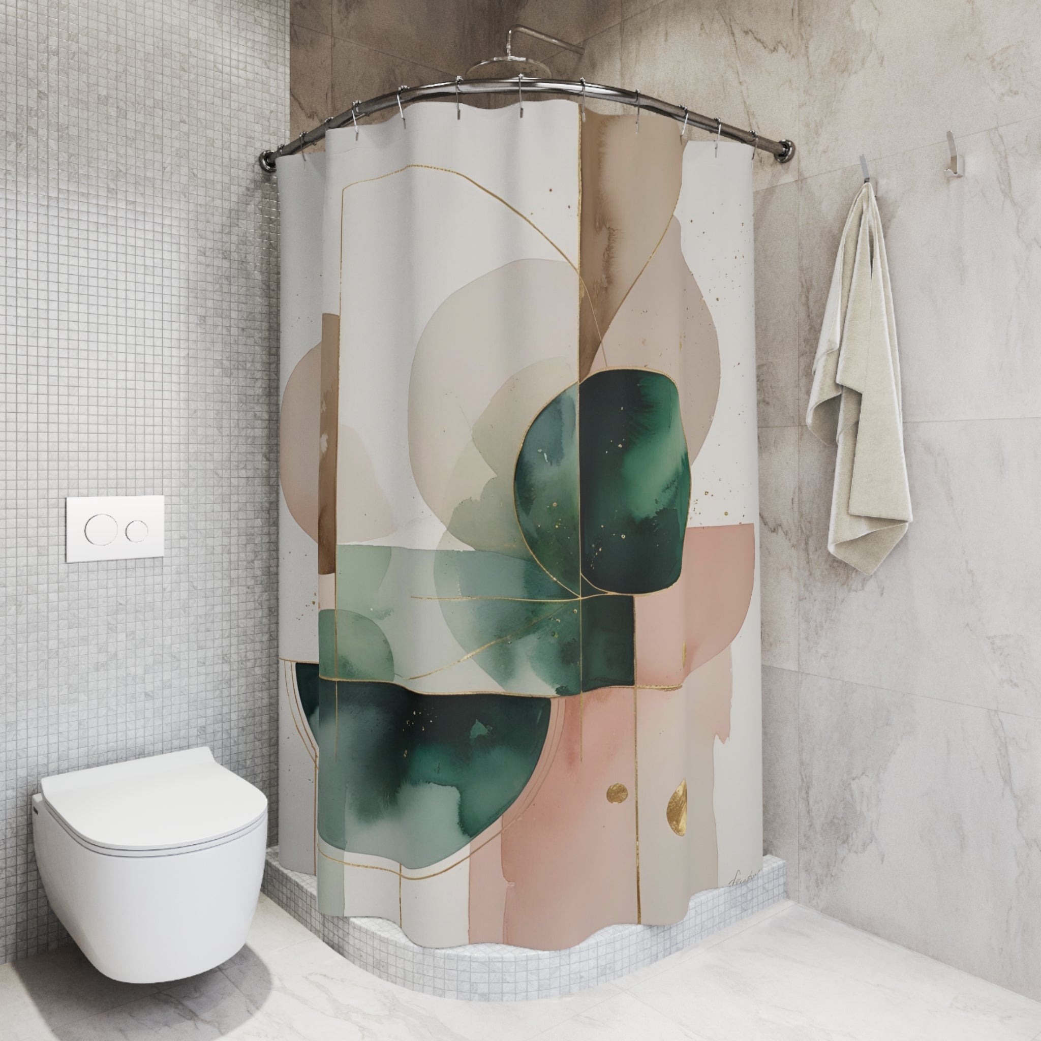 Shower Curtain | Abstract Green Beige Pink, White Muted Gold
