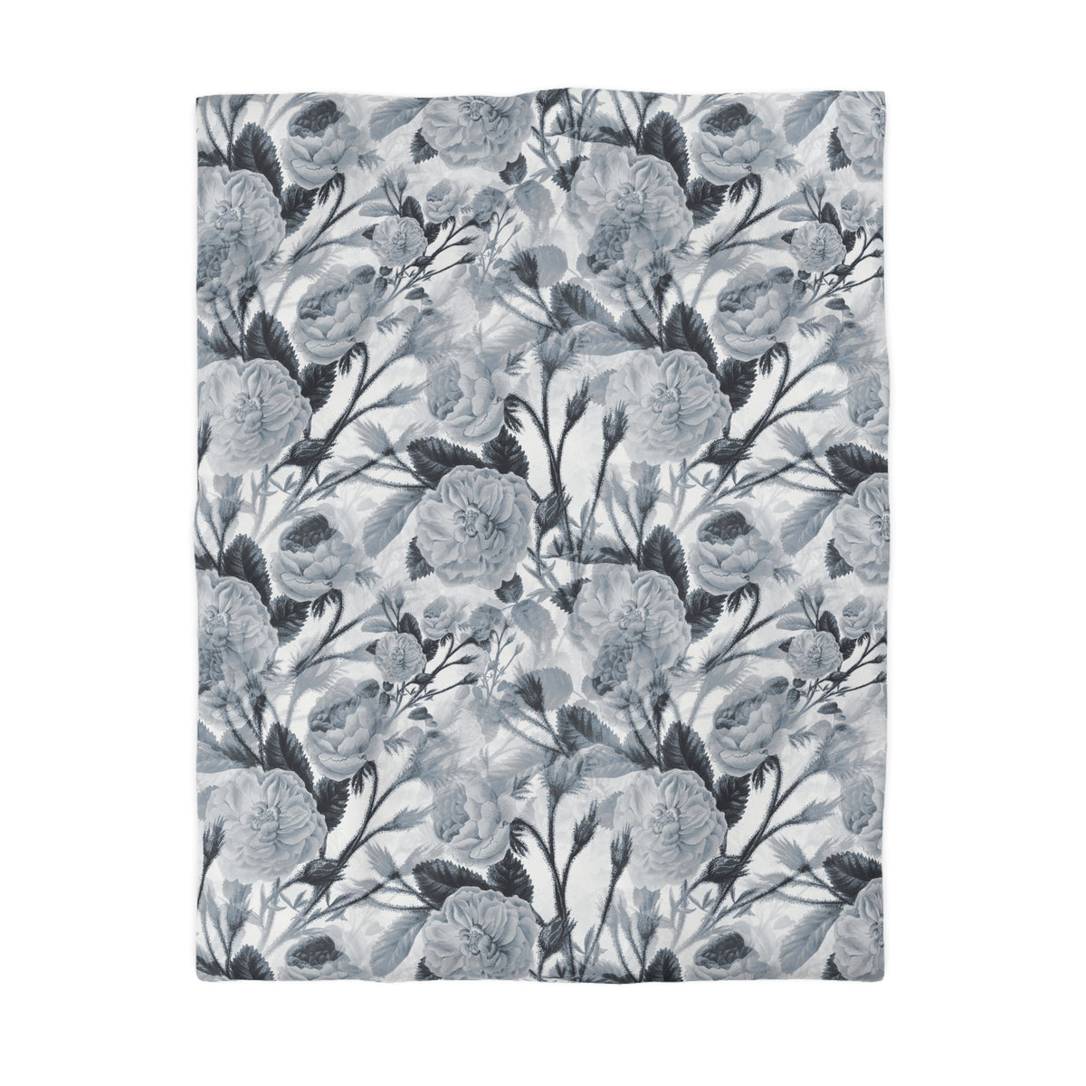 a repeating pattern of black and white flowers and leaves, creating a visually striking and intricate design.