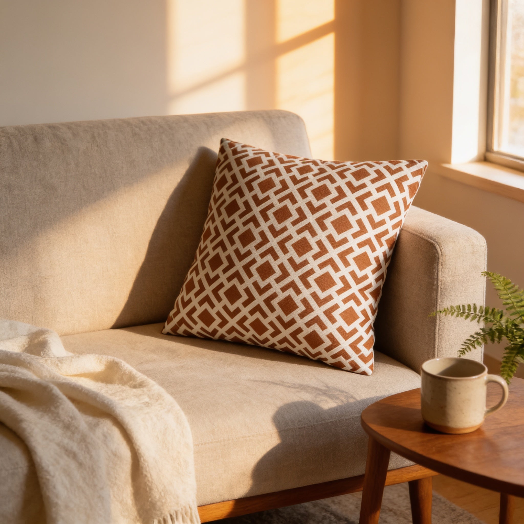 a cozy living room with a beige sofa, a wooden coffee table, and a patterned throw pillow. The sofa is positioned near a window, allowing natural light to fill the space. A small plant is placed on the coffee table, adding a touch of greenery to the room.