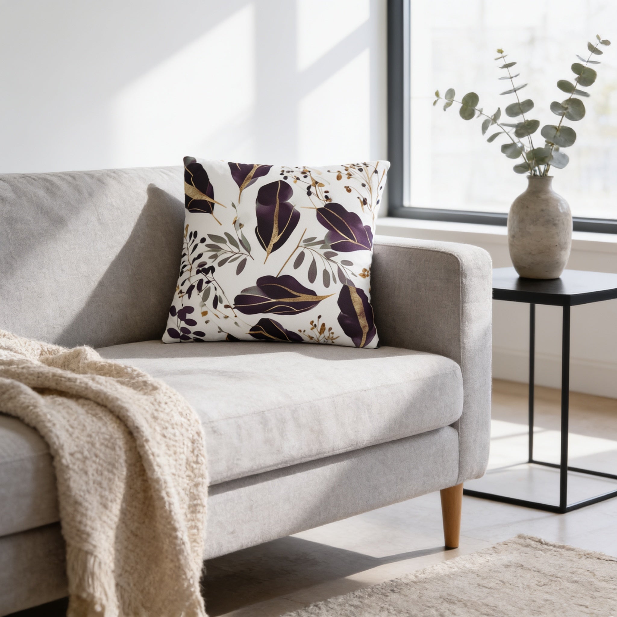 a cozy living room with a gray sofa adorned with a white and purple throw pillow, a beige blanket draped over the arm, and a small side table with a vase of greenery.