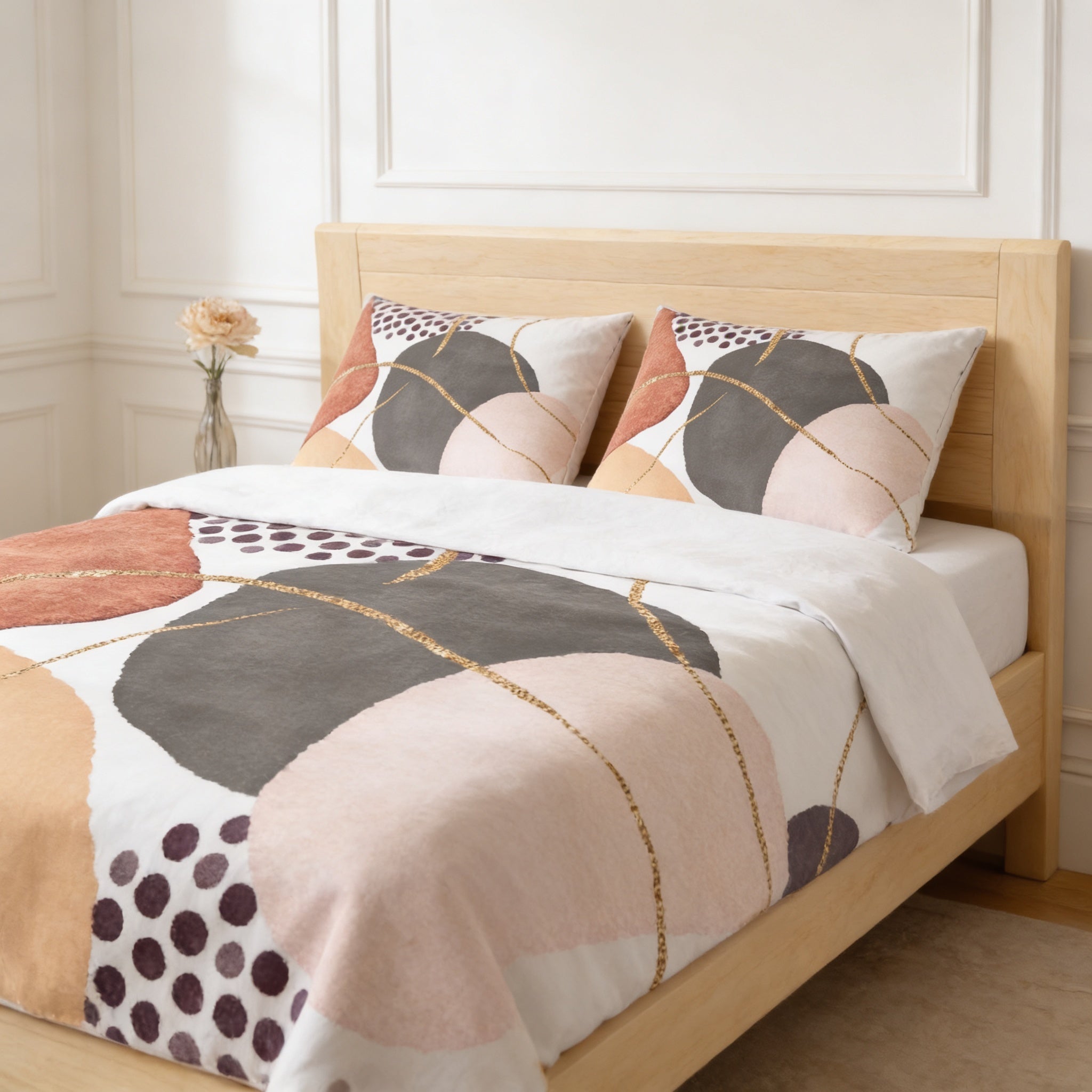 a modern bedroom with a wooden bed frame and a colorful abstract patterned comforter and pillows.