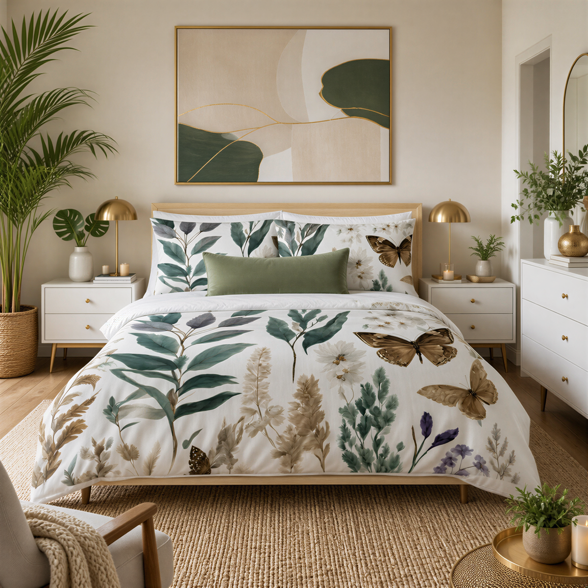a well-decorated bedroom with a large bed featuring a white comforter and a green and white leaf-patterned bedspread. The room is adorned with various decorative elements, including a large abstract painting on the wall, potted plants, and a vase. The overall design and arrangement of the room create a harmonious and visually appealing space.