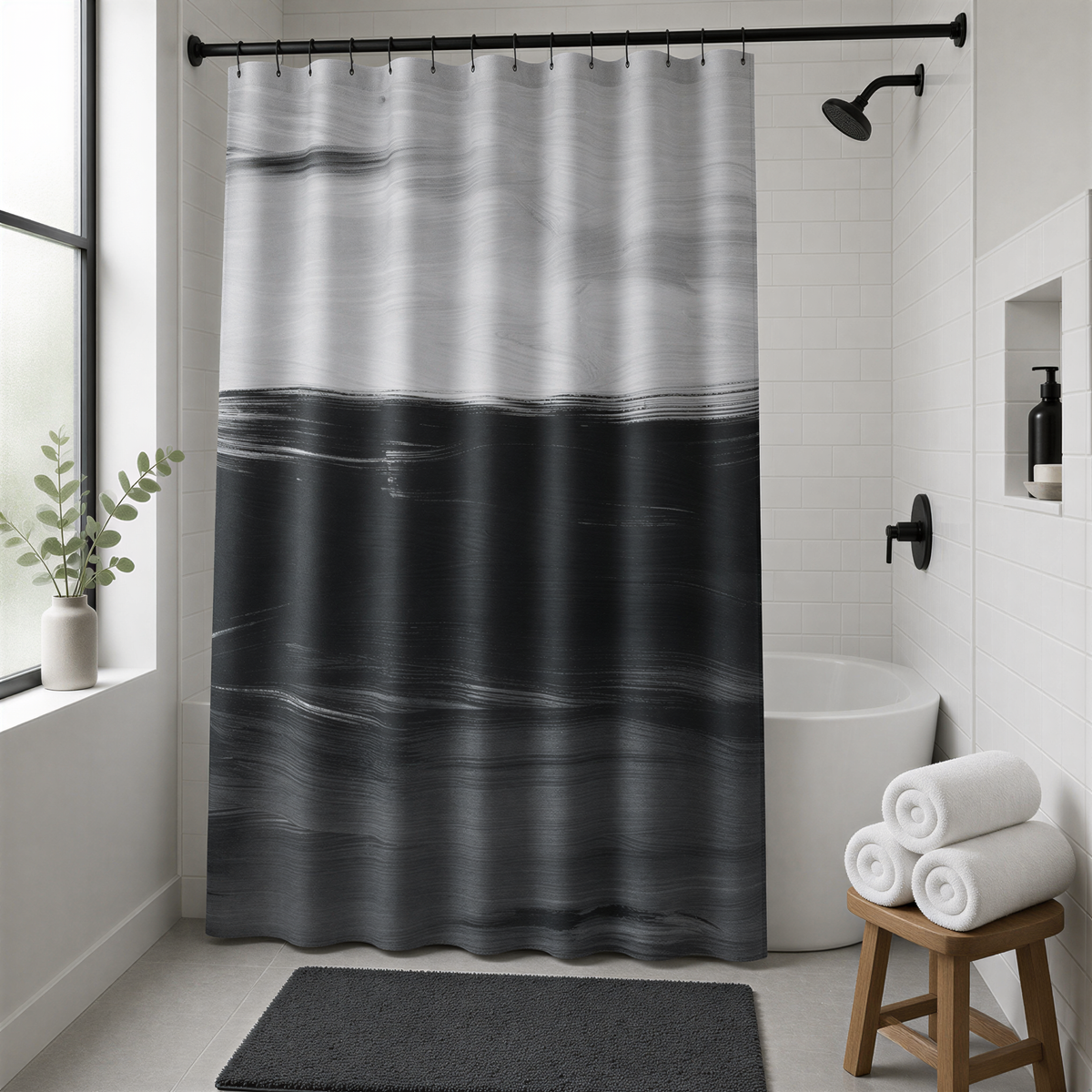a modern bathroom with a black and white shower curtain featuring a gradient design. The bathroom is well-lit, with a white bathtub and a wooden stool. A potted plant is placed on the windowsill, and a black rug is on the floor.