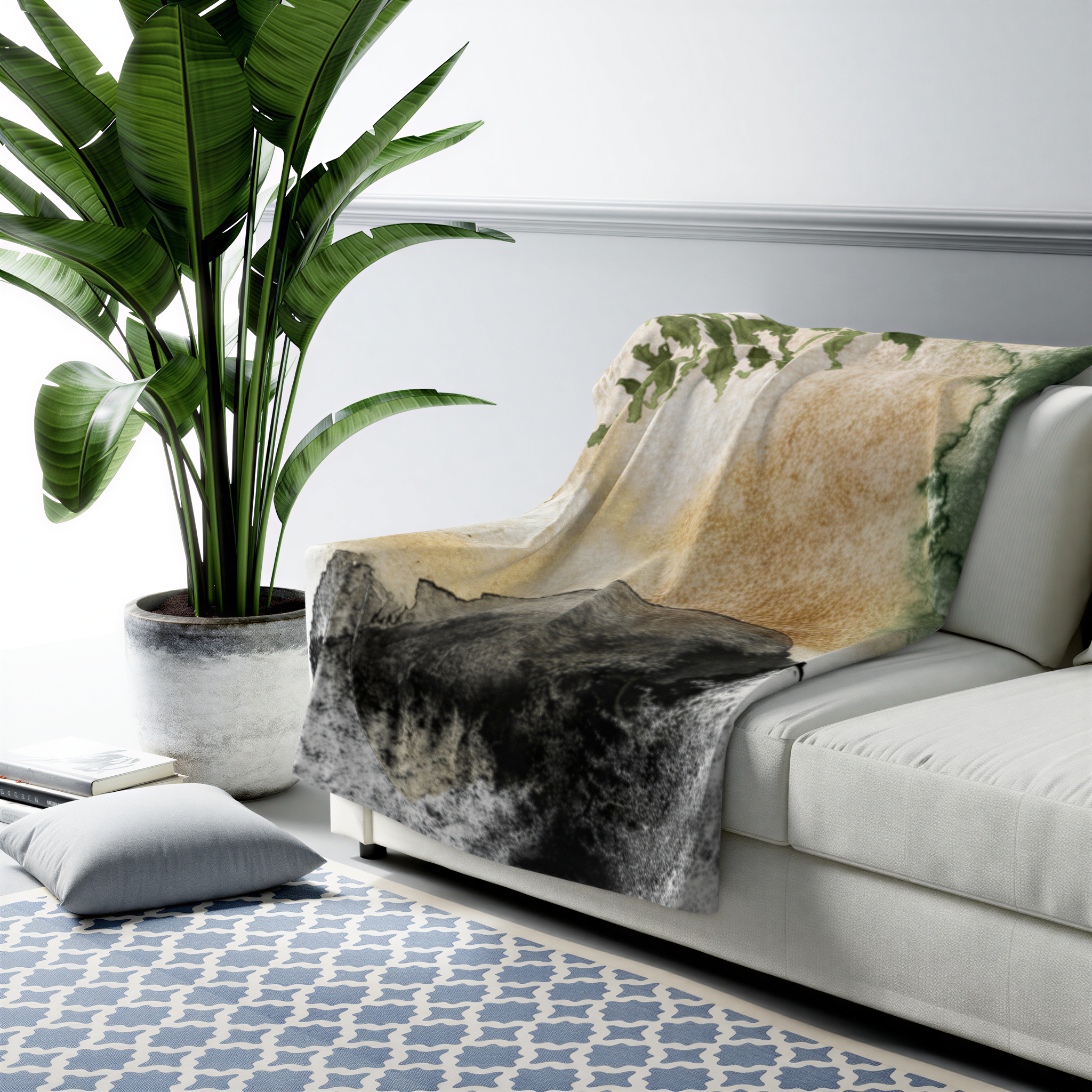 Black, ivory and forest green boho floral throw blanket, close-up of the pattern detail