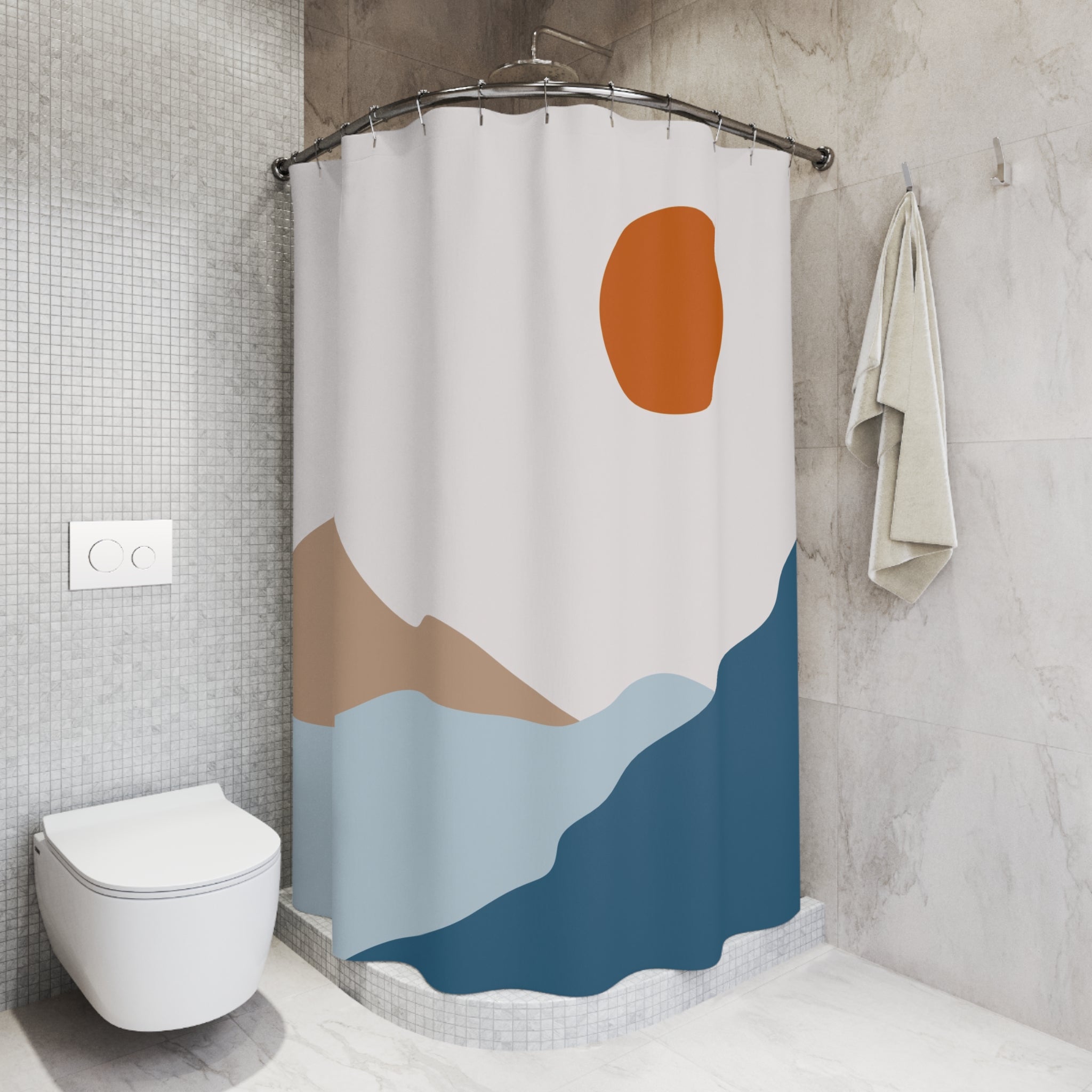 Boho Shower Curtain | Blue Beige Red Abstract Landscape