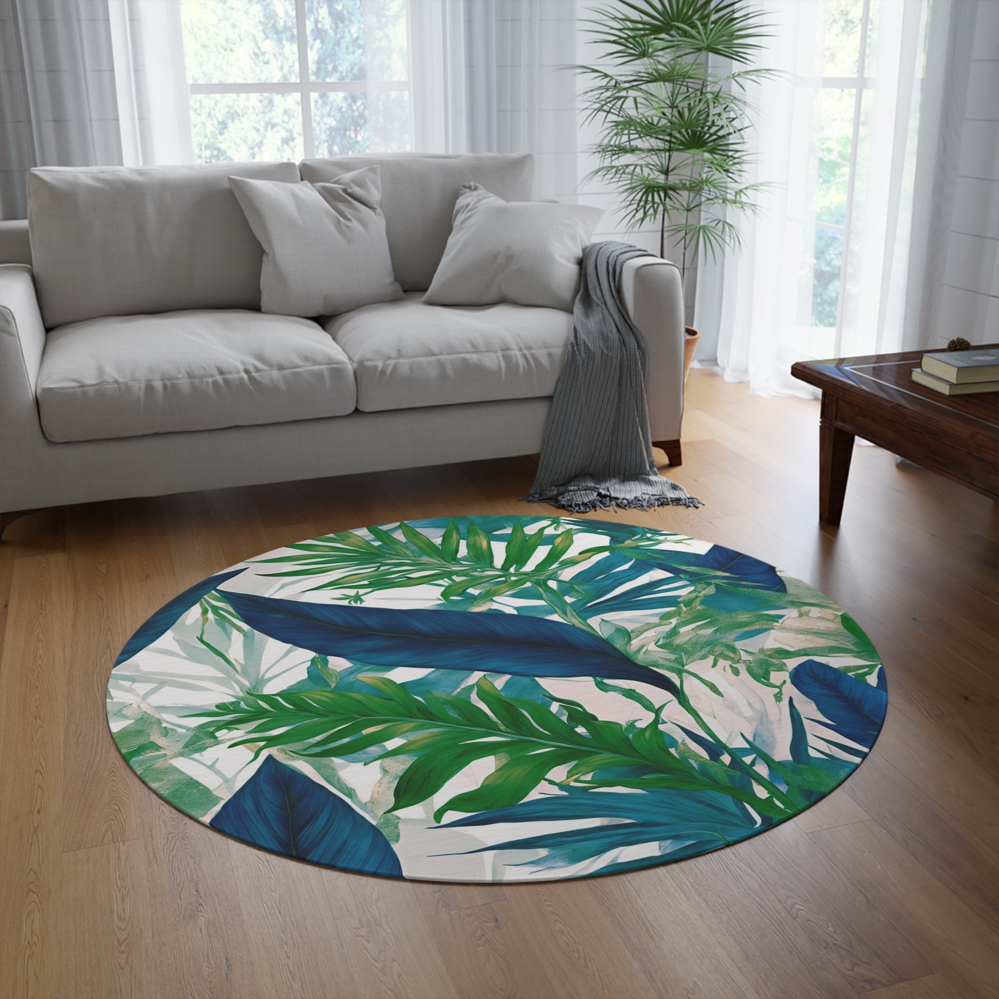 Tropical Round Area Rug | Coastal Indigo Blue, Emerald Green Leaves