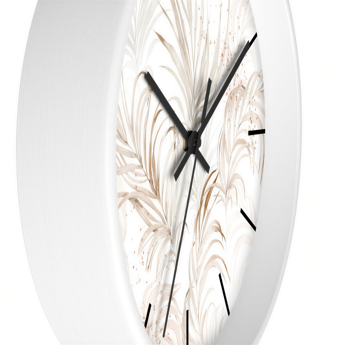 Floral Wood Wall Clock White Beige Leaves close-up of numerals