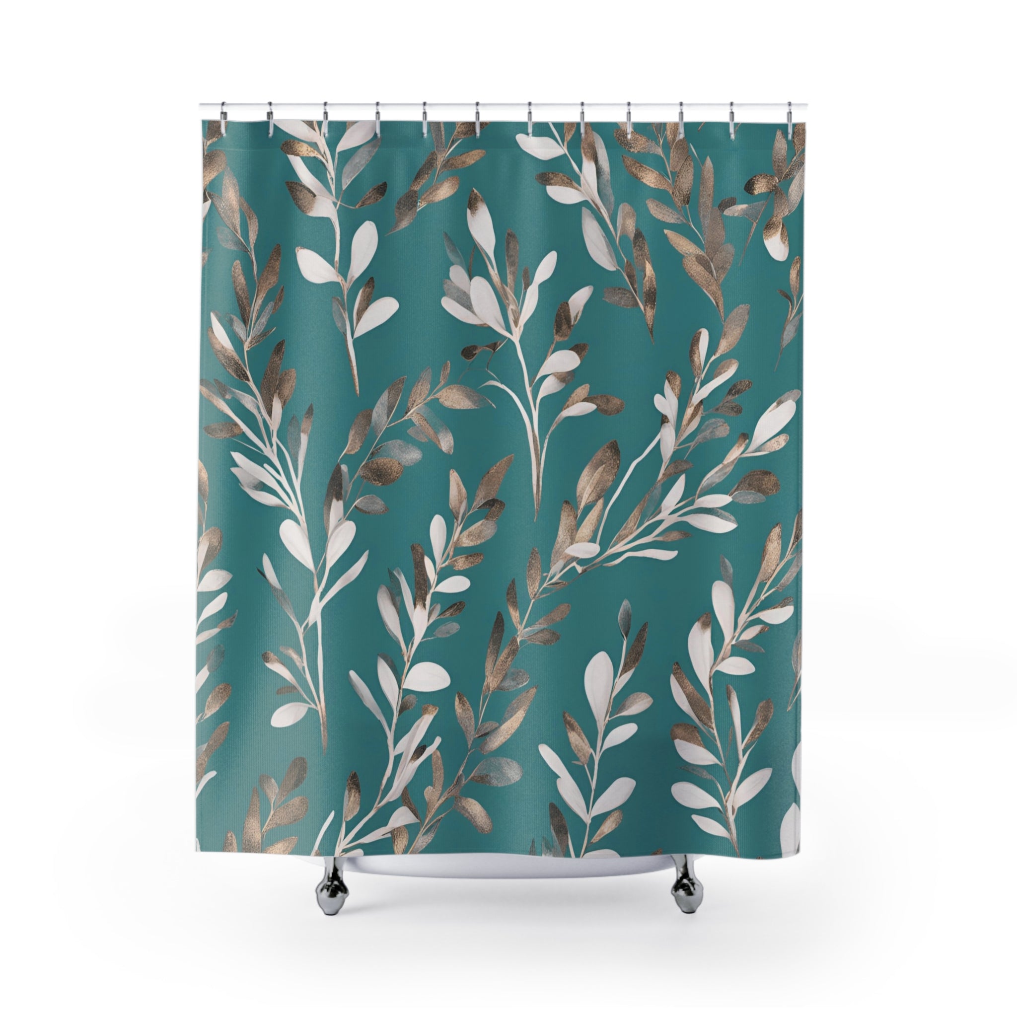 a shower curtain with a leaf pattern on it