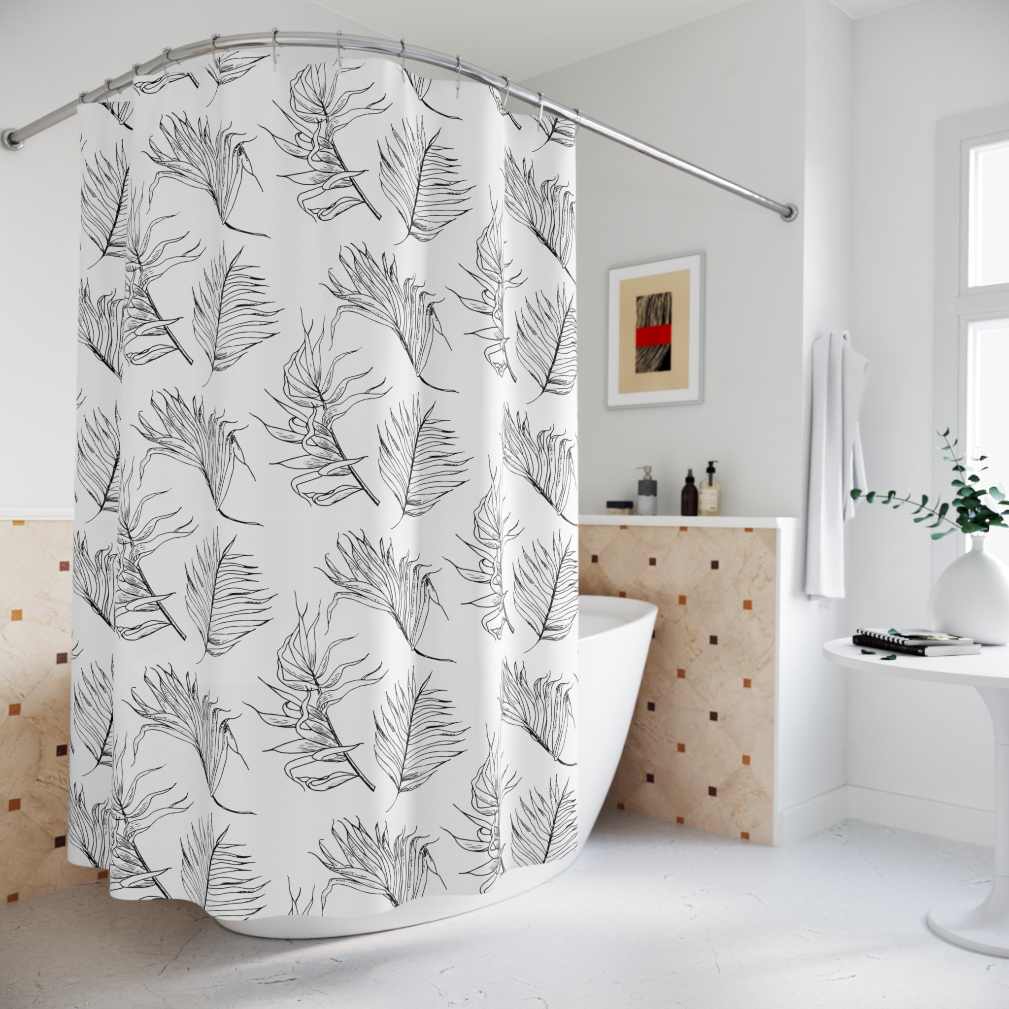 Boho Shower Curtain | Black White Leaves Bathroom Decor