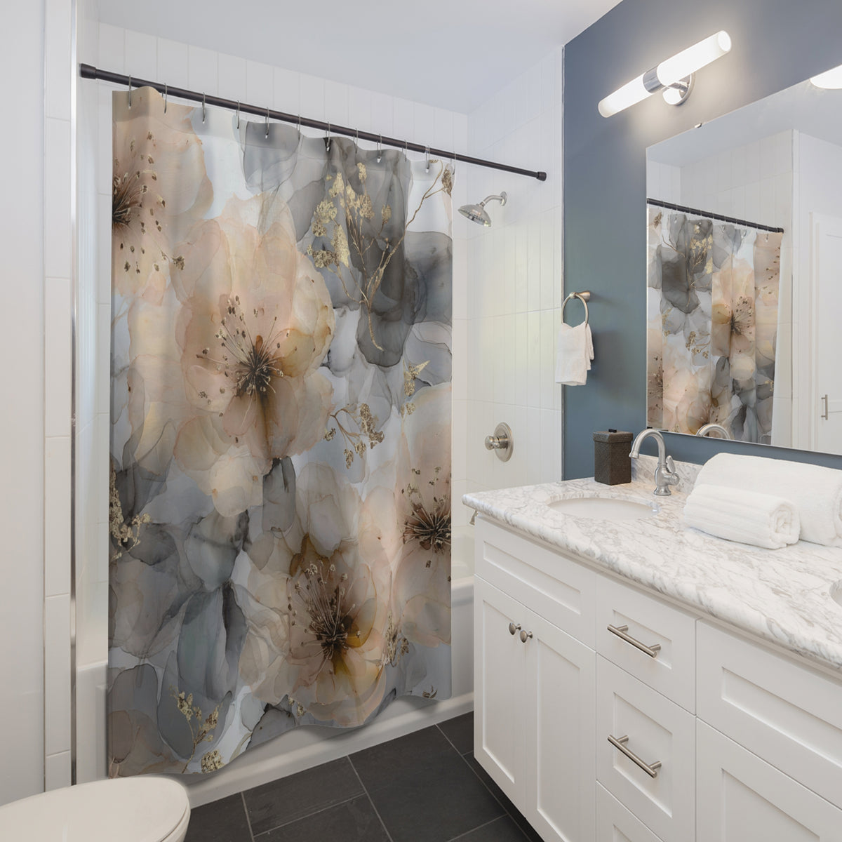 a modern bathroom with a white vanity, a large floral shower curtain, and a marble countertop.