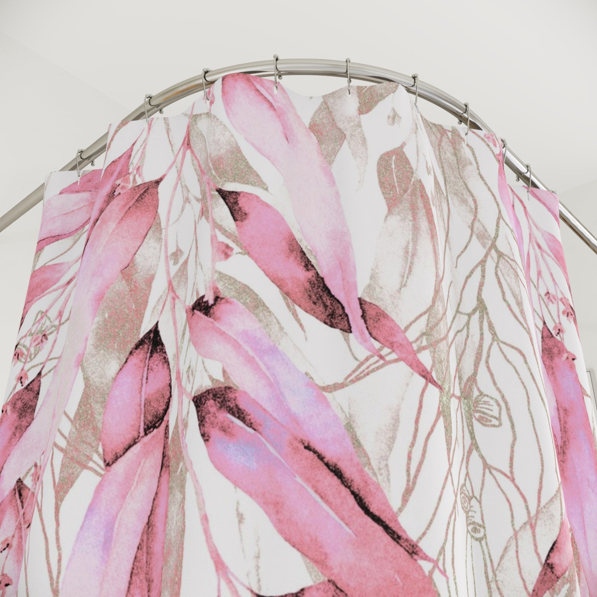 Boho Shower Curtain | Pink Floral Leaves Watercolor Fabric Curtain