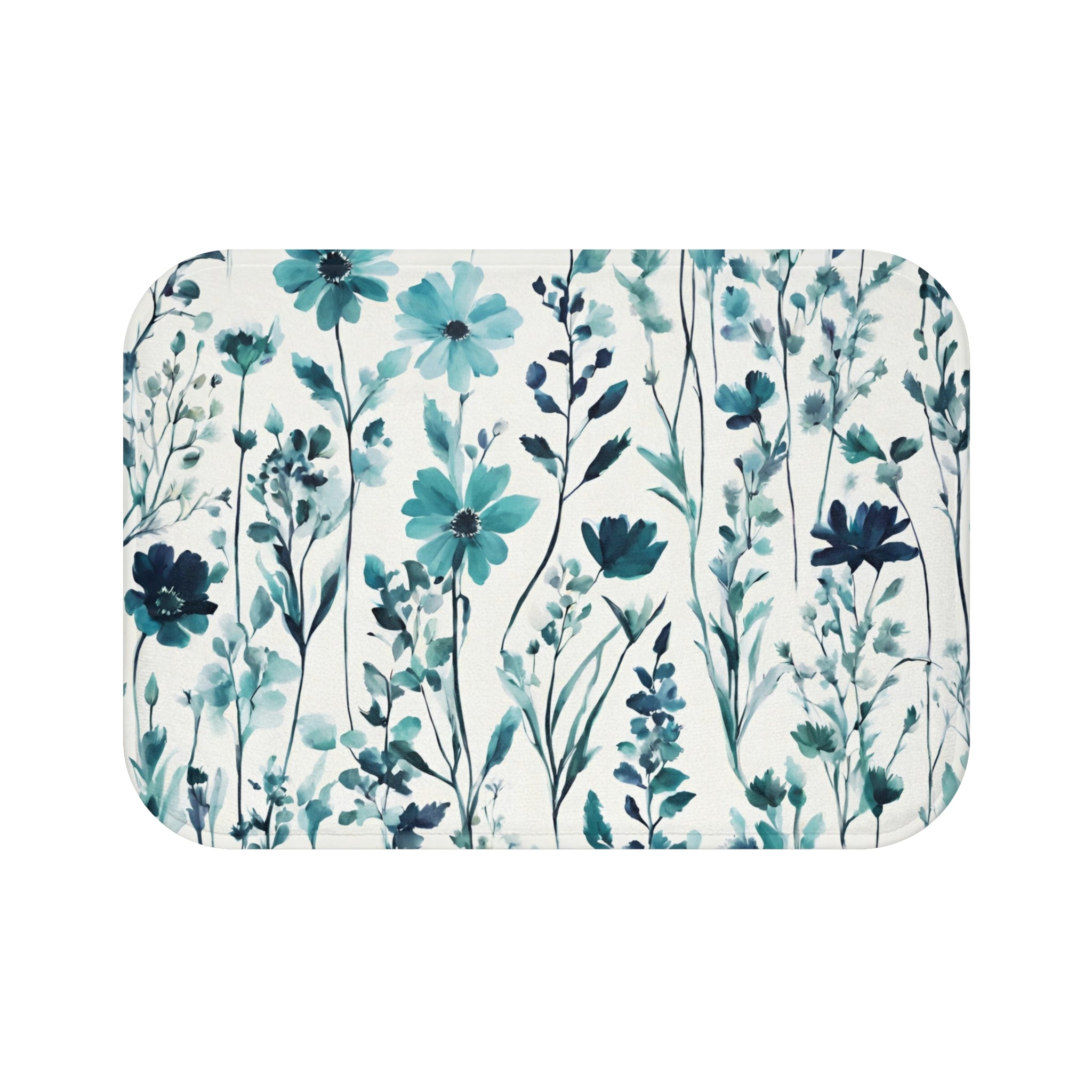 Floral Bath Mat, Kitchen Mat | Teal Green, Blue Wildflowers