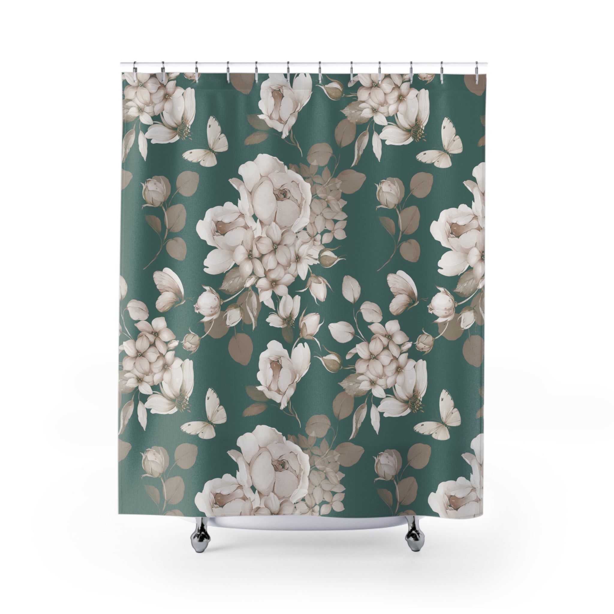 Vintage Teal Floral Shower Curtain with Butterflies | Cream Botanical Bathroom Decor
