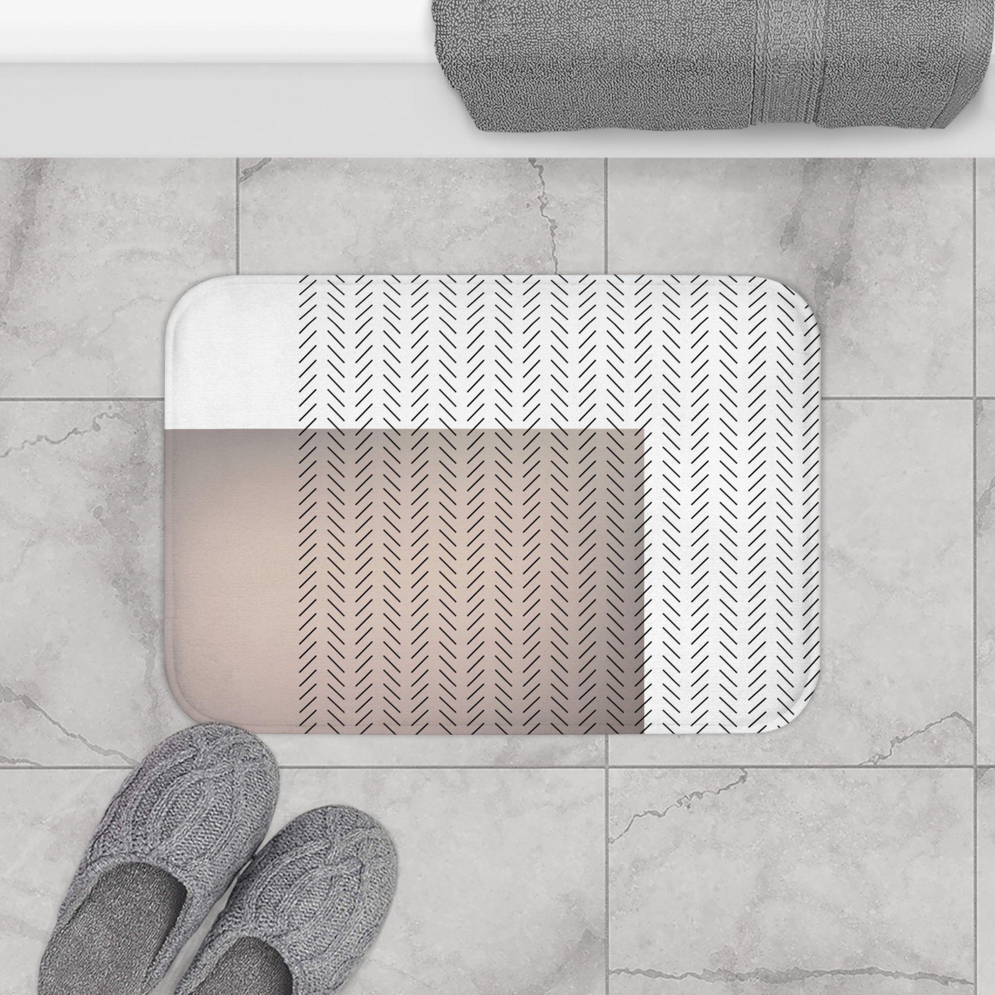 Art Deco Bath Mat, Kitchen Mat | Geometric White Beige Black