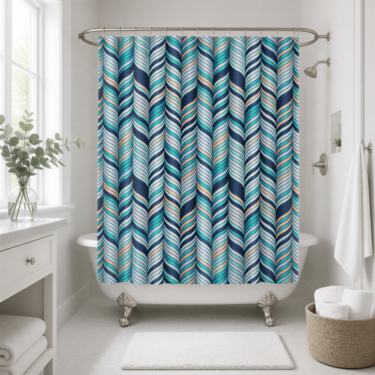 a bathroom with a claw-foot bathtub, a shower curtain with a colorful, abstract pattern, and a basket of towels.