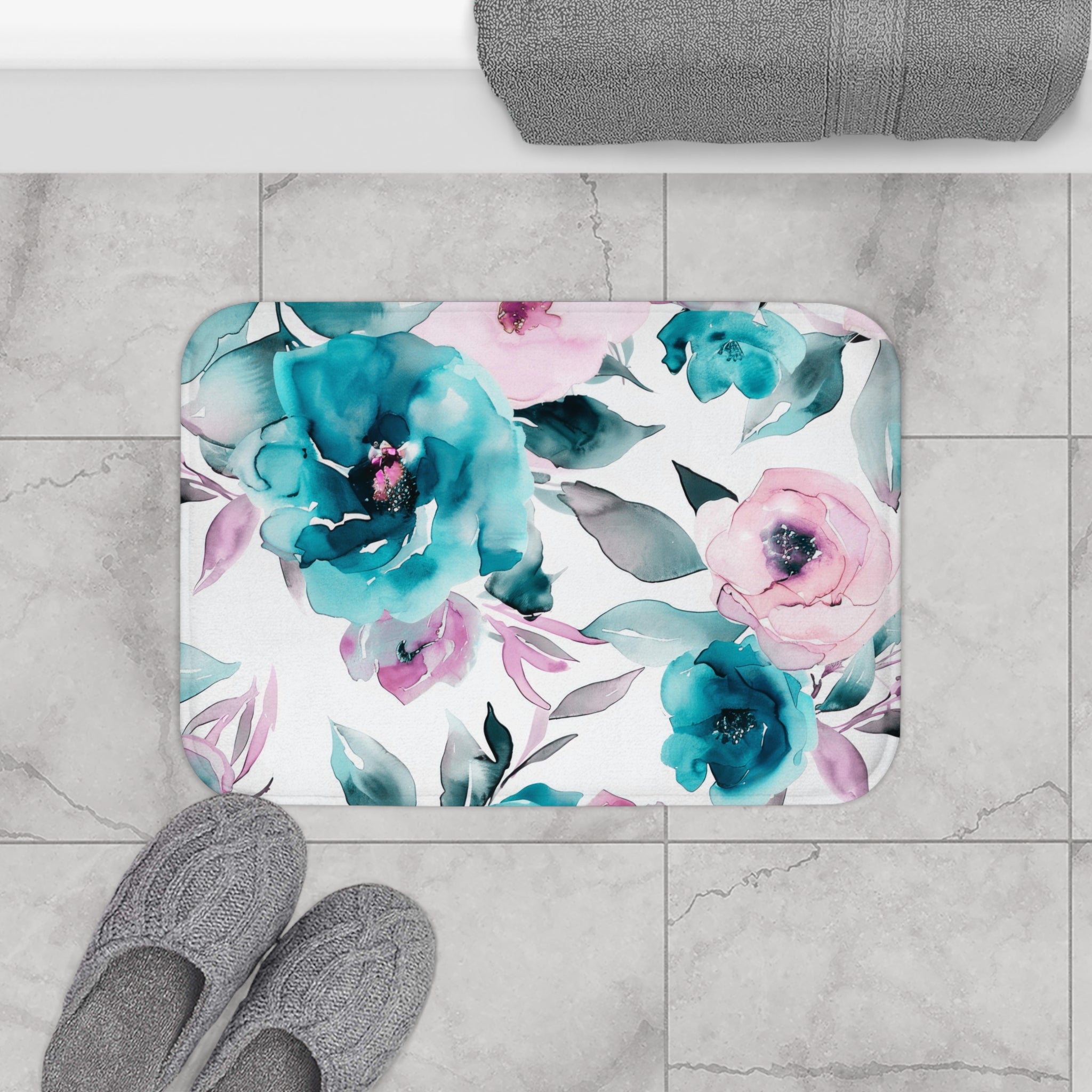 Boho Kitchen, Bath Mat | Floral Pink, White Teal Blue Floor Mat