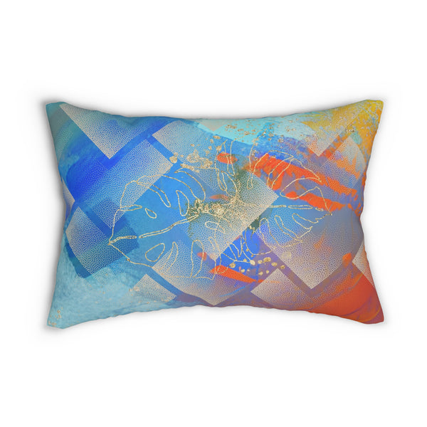 Abstract Lumbar Pillow | Blue Orange, Gold Monstera Leaves