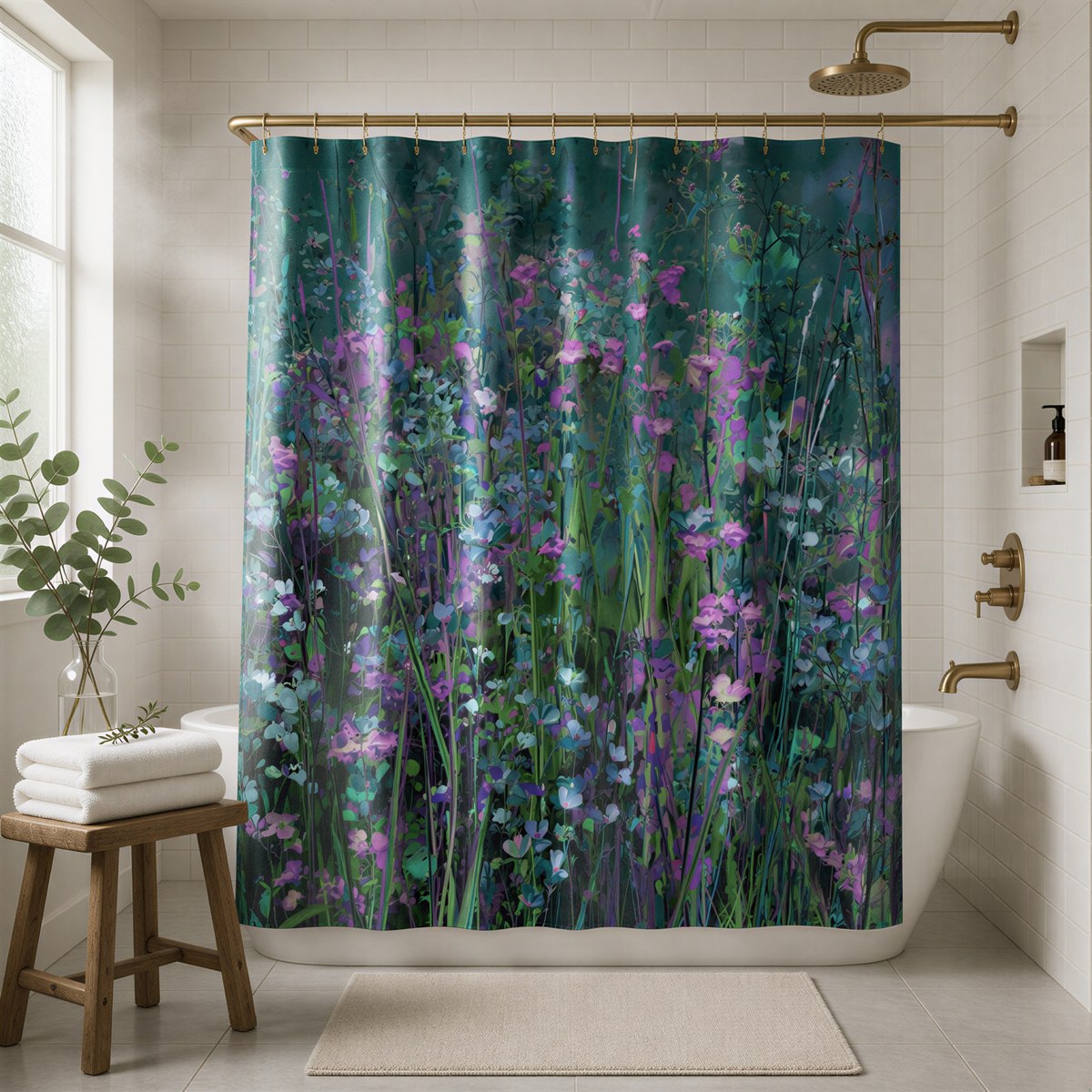 a bathroom with a shower curtain that has a vibrant floral pattern in shades of green, purple, and pink. The shower curtain is hanging from a rod above a white bathtub, which is positioned next to a wooden stool. The bathroom also includes a window, a potted plant, and a bottle, creating a cozy and inviting atmosphere.