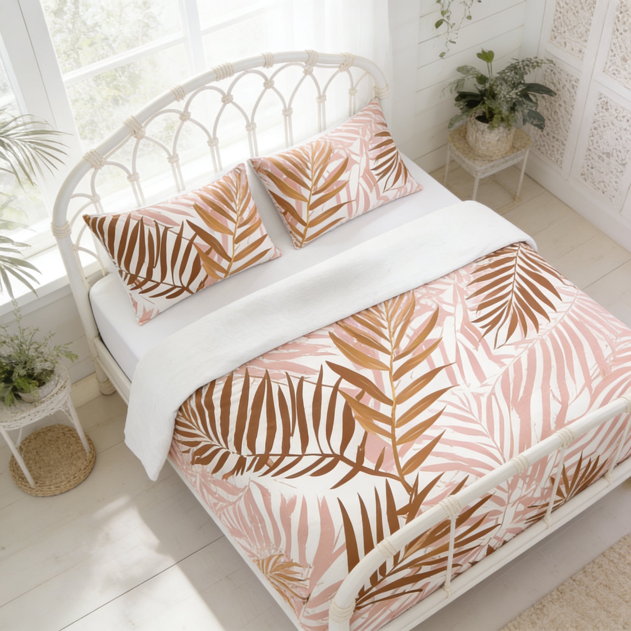 a bedroom with a white metal bed frame, a white headboard, and a white comforter with a tropical leaf pattern. The bed is positioned in front of a window, and there are two potted plants on either side of the bed.
