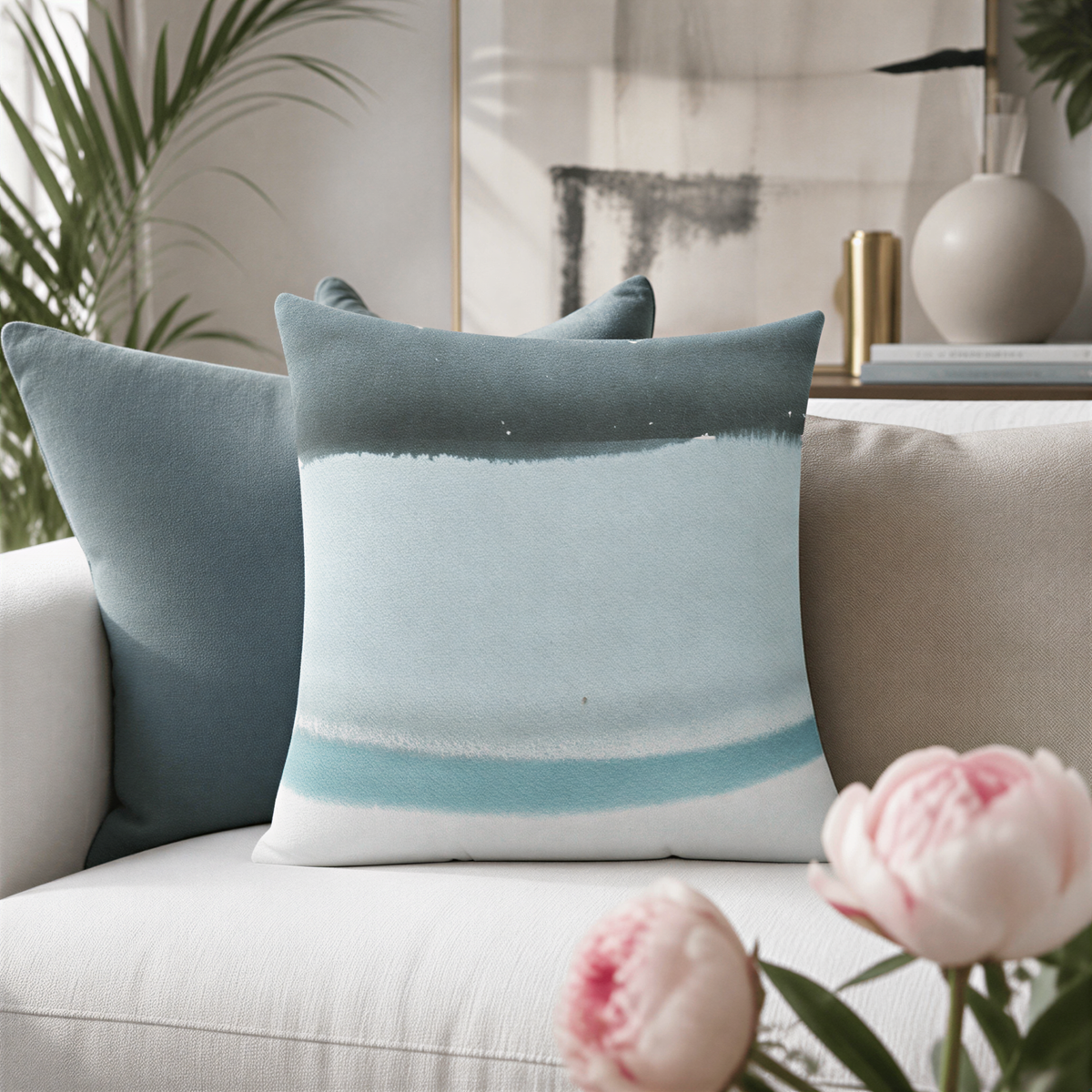 a cozy living room with a white sofa adorned with two blue and white throw pillows. In the foreground, there are two pink peonies, adding a touch of natural beauty to the scene. The room is decorated with a vase and a plant, creating a warm and inviting atmosphere.