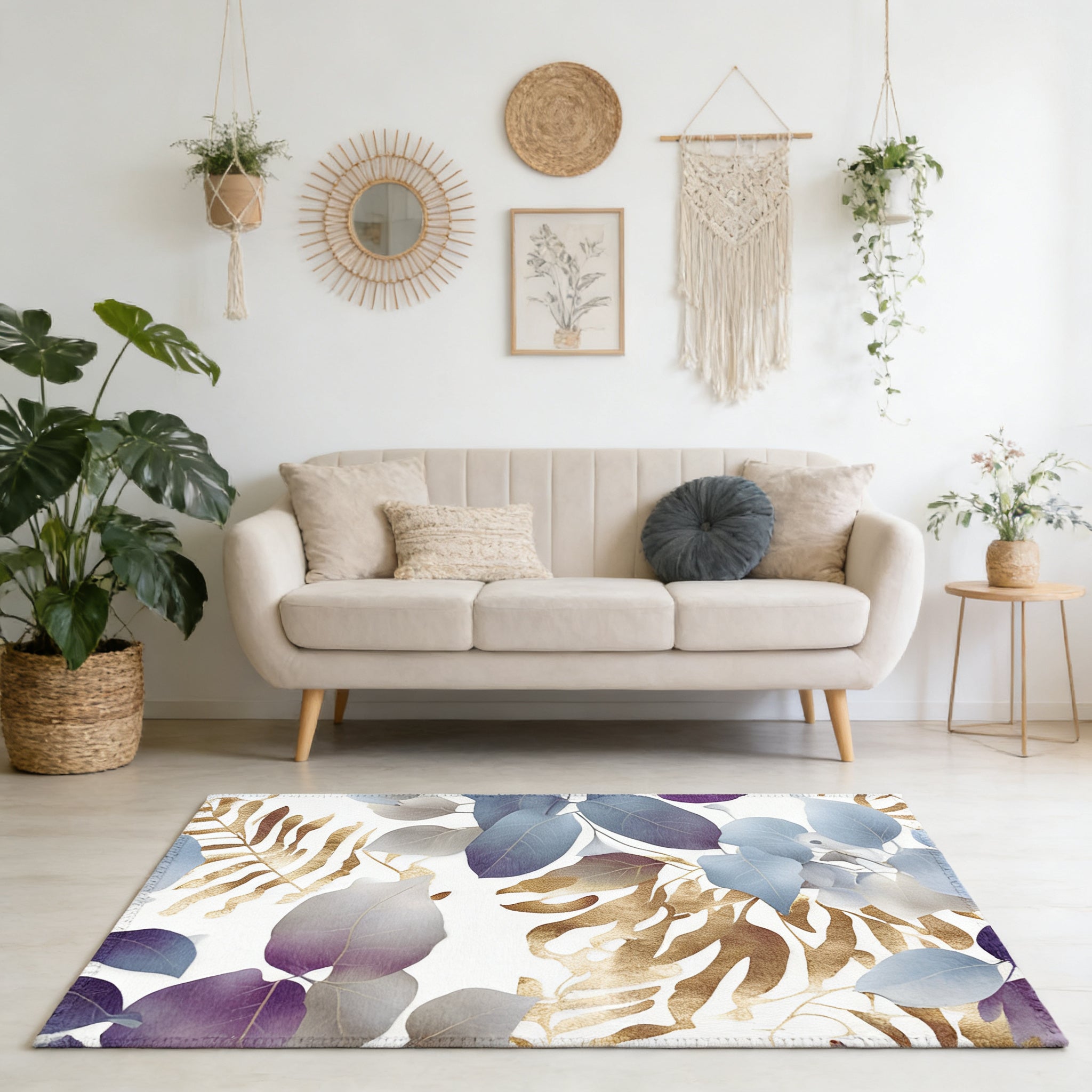 a cozy living room with a beige sofa, a rug with a tropical leaf pattern, and various decorative elements such as plants, a mirror, and a macrame wall hanging.