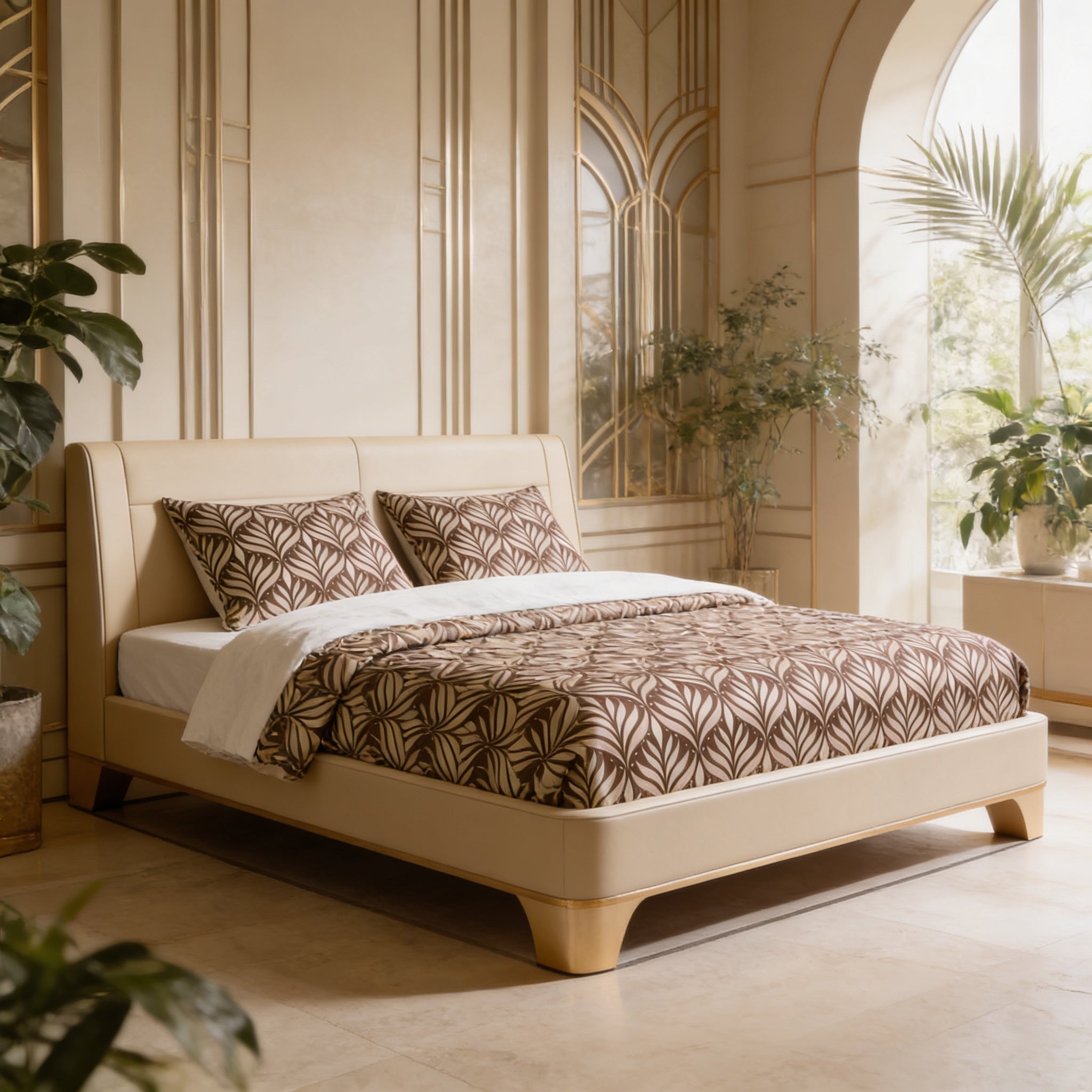 a luxurious bedroom with a large bed, a white headboard, and a patterned comforter. The room has a high ceiling, arched windows, and a large mirror on the wall. The bed is surrounded by several potted plants, creating a serene and inviting atmosphere.
