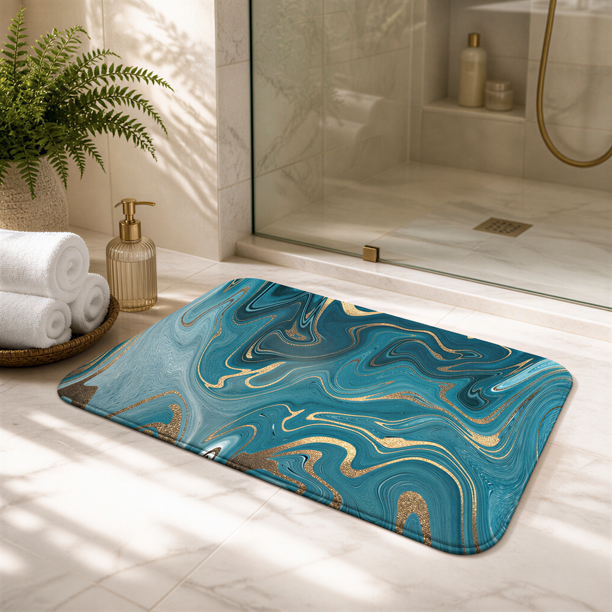 a bathroom with a marble-patterned bath mat, a glass shower door, and a potted plant.