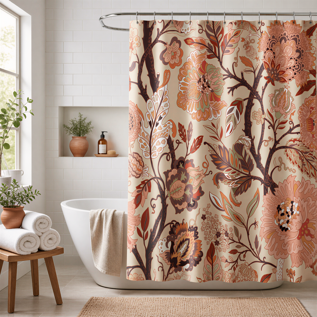 a bathroom with a floral patterned shower curtain, a white bathtub, and a wooden stool.