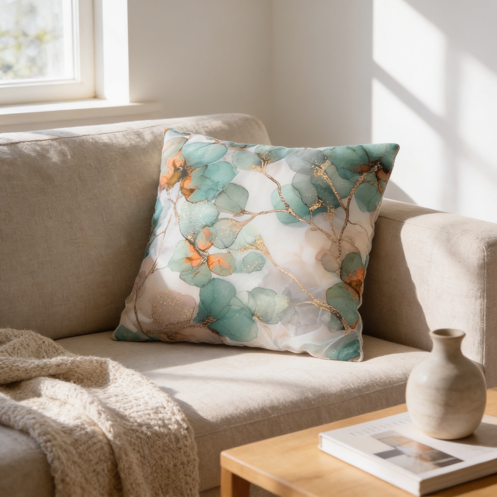 a cozy living room with a beige sofa, a decorative throw pillow with a floral pattern, and a wooden coffee table with a vase and a book.