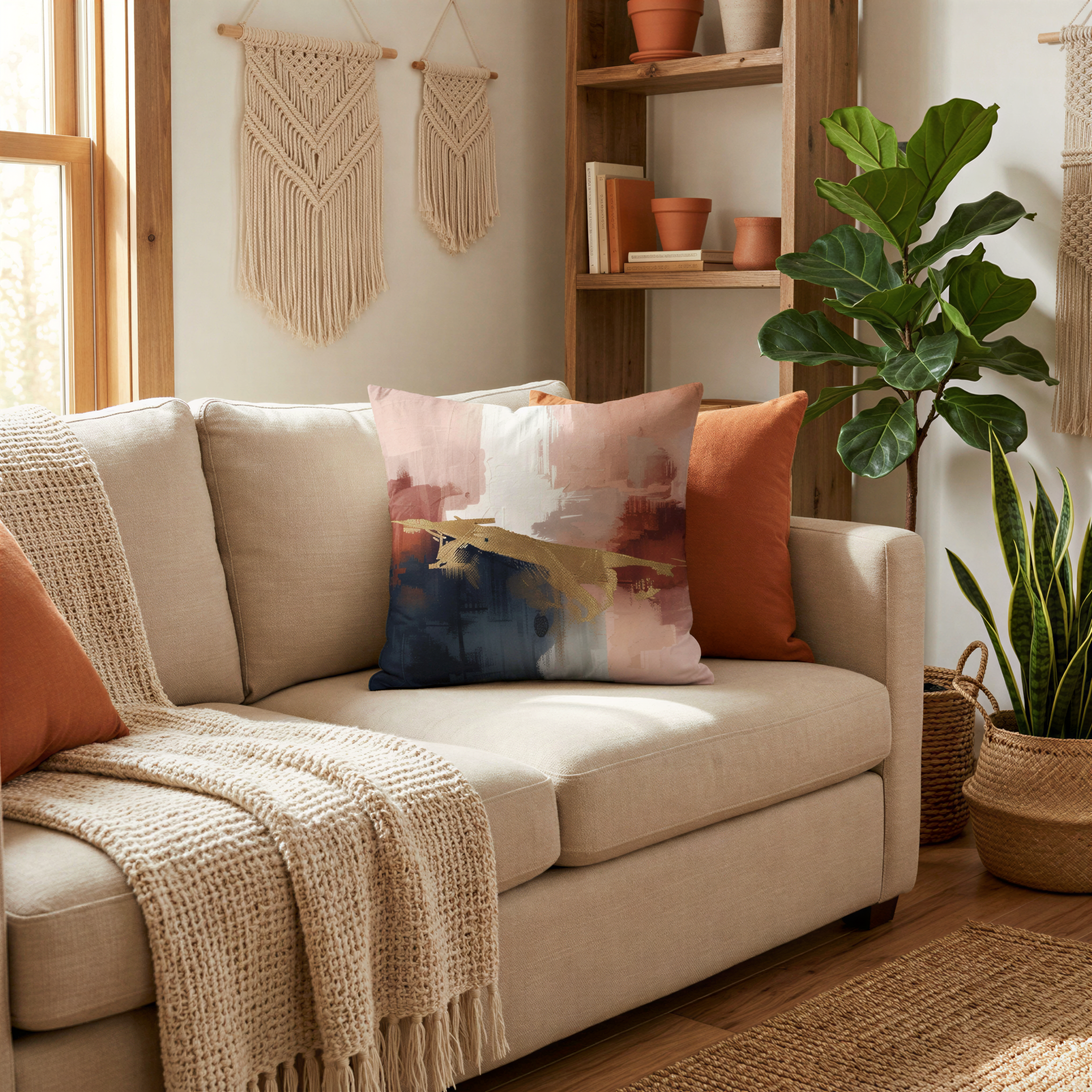 a cozy living room with a beige sofa adorned with colorful throw pillows, a woven basket, and a potted plant. The room is decorated with wall hangings and shelves, creating a warm and inviting atmosphere.