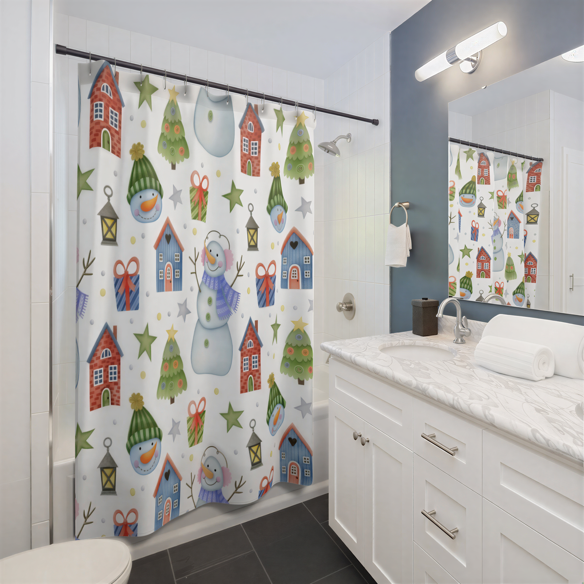 Christmas Shower Curtain White Blue Snowman Winter Home hanging in a bathroom