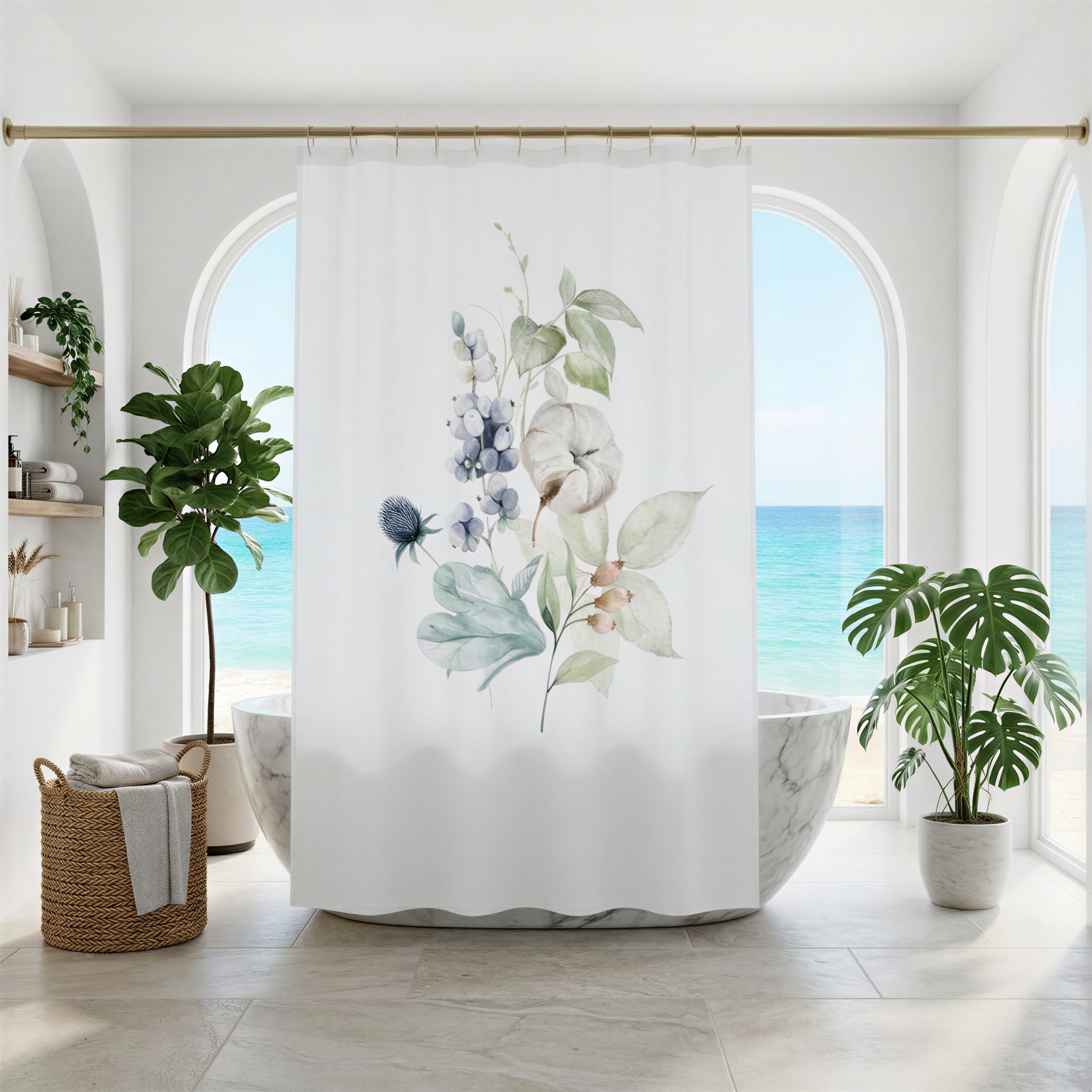 a serene and modern bathroom with a large window overlooking the ocean. The bathroom features a marble bathtub, a white shower curtain with a floral design, and two potted plants. The overall color scheme is predominantly white and green, creating a calming and refreshing atmosphere.