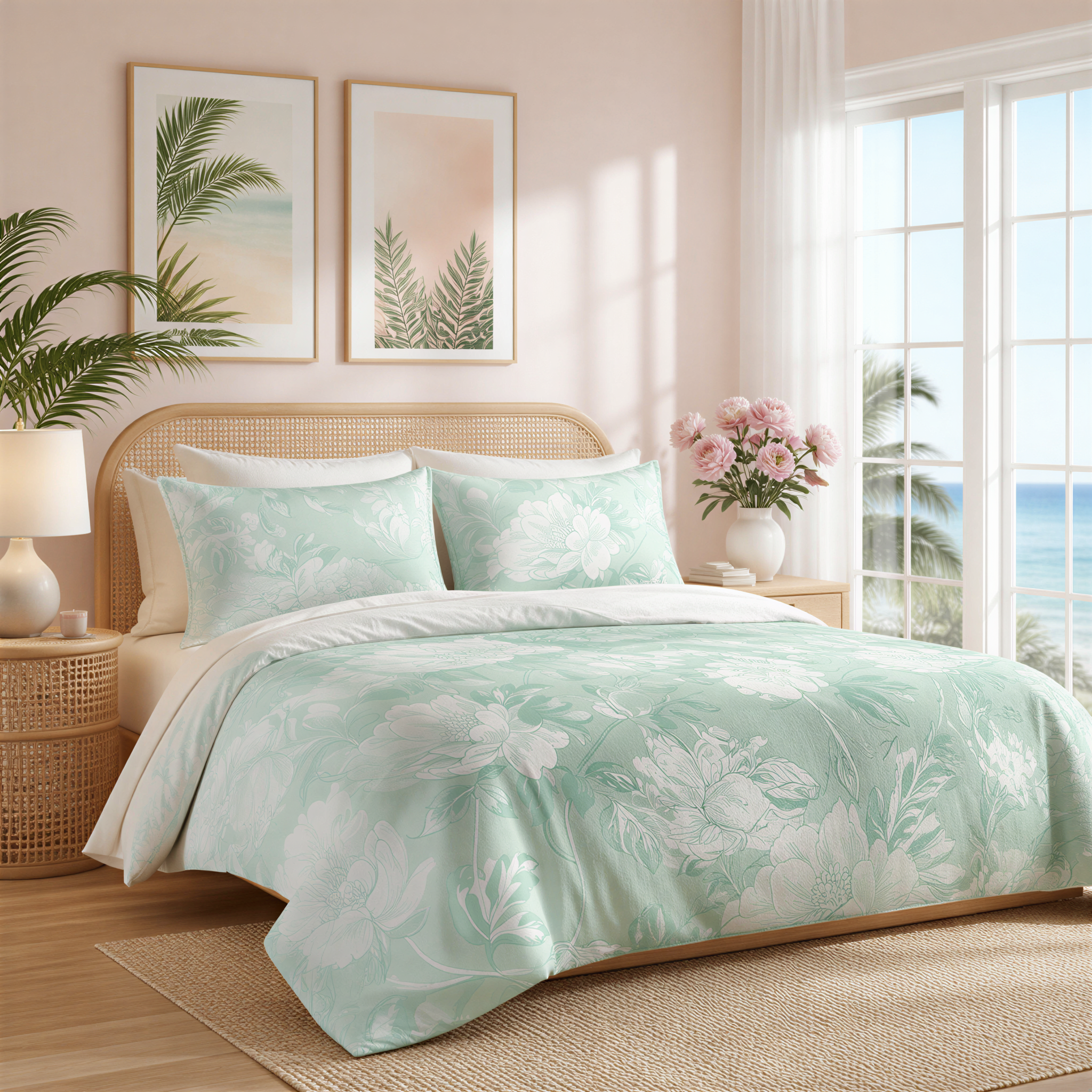 a serene and inviting bedroom with a large bed adorned with a floral comforter and pillows. The bed is positioned against a wall with two framed pictures hanging above it. To the side of the bed, there is a nightstand with a lamp and a vase of flowers. The room also features a large window that offers a view of the ocean, adding to the tranquil atmosphere.