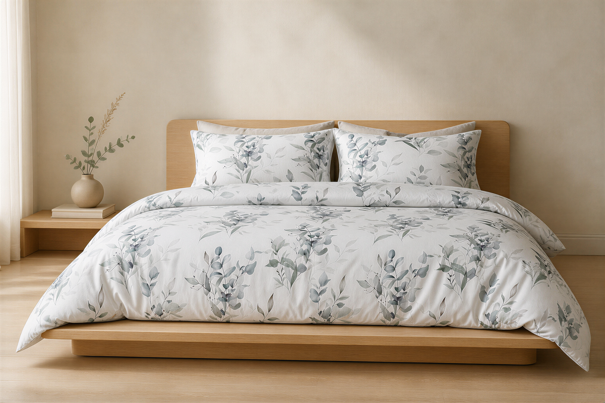 a serene bedroom setting with a large bed featuring a white and gray floral comforter and matching pillows. The bed is placed on a wooden platform, and there is a small vase with greenery on the nightstand beside it. The room has a neutral color scheme with light wood tones, creating a calm and inviting atmosphere.