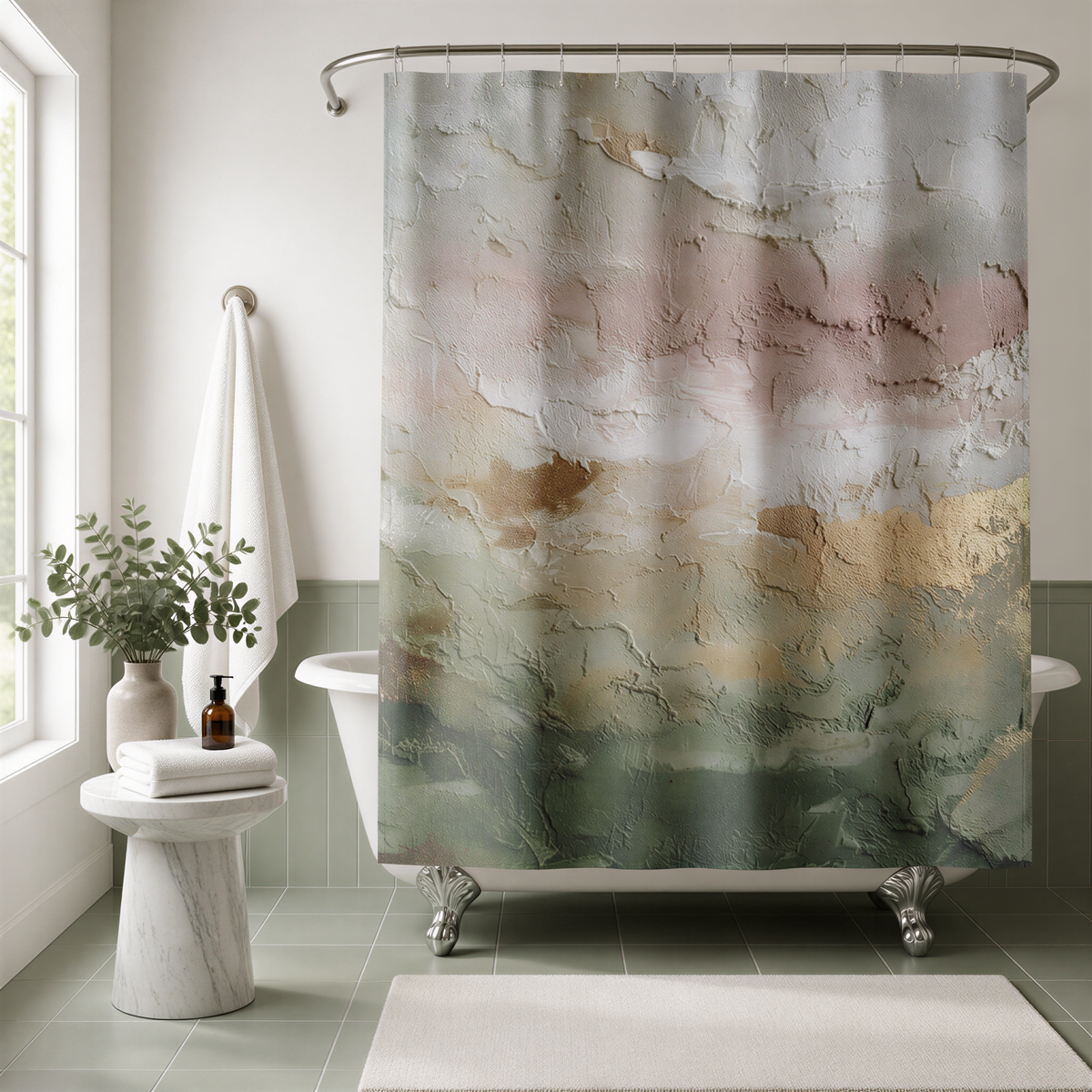 a bathroom with a white bathtub, a marble pedestal table, and a shower curtain featuring a colorful abstract design.