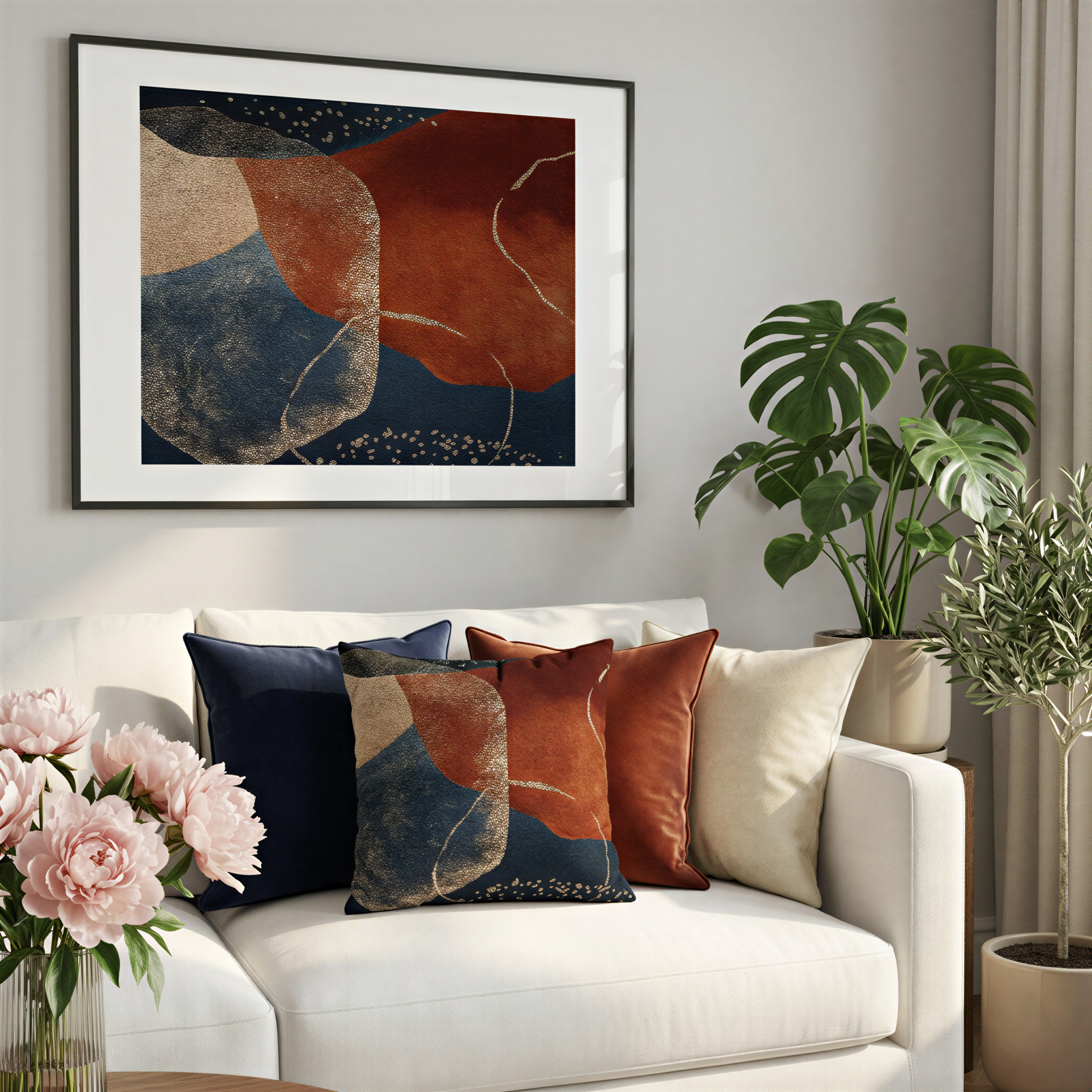 a white couch adorned with colorful throw pillows, a framed abstract painting hanging on the wall above the couch, and two potted plants in the room.