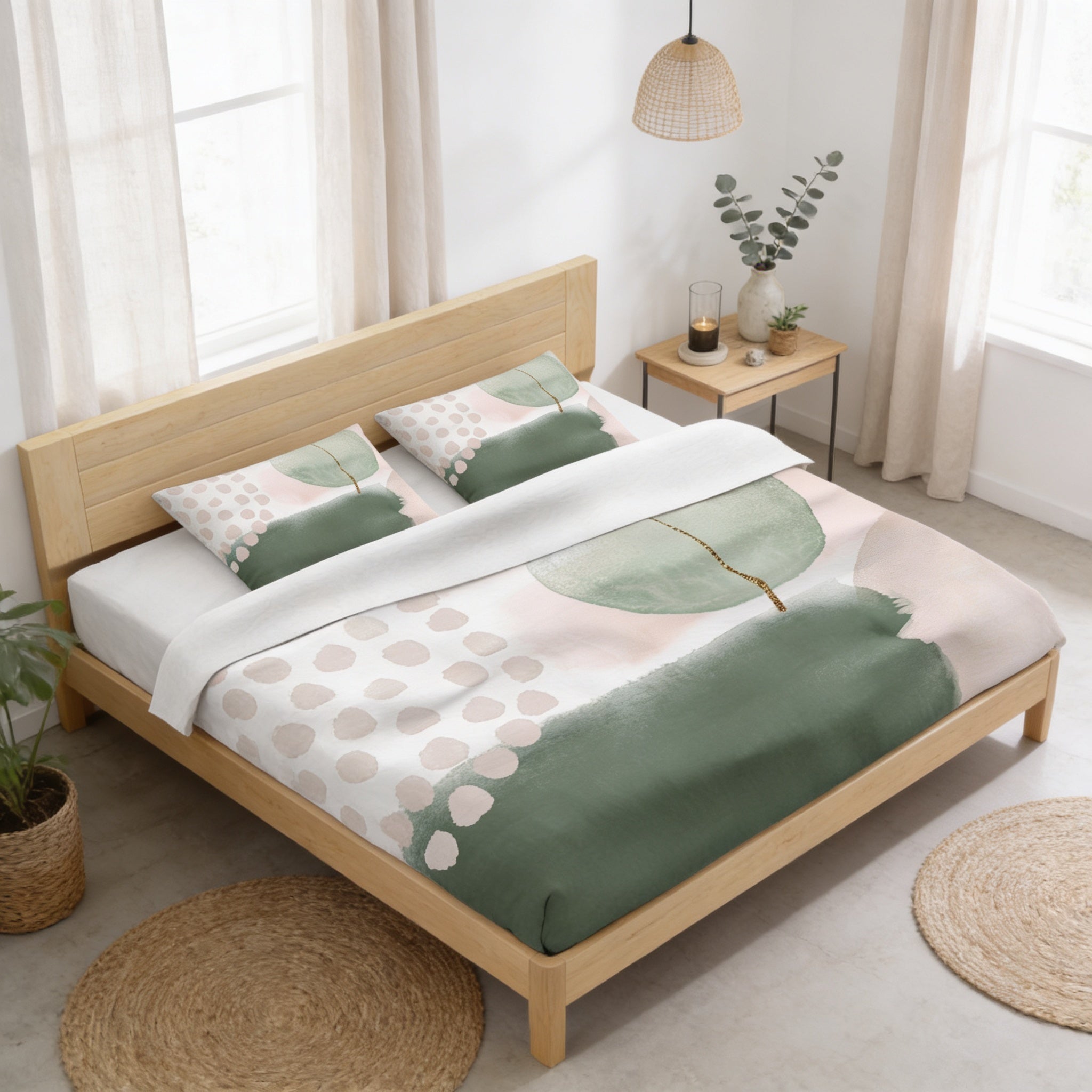 a serene and modern bedroom with a wooden bed frame, a white and green abstract patterned comforter, and a small side table with a plant. The room has a minimalist and clean design, with a large window providing natural light and a woven rug on the floor.