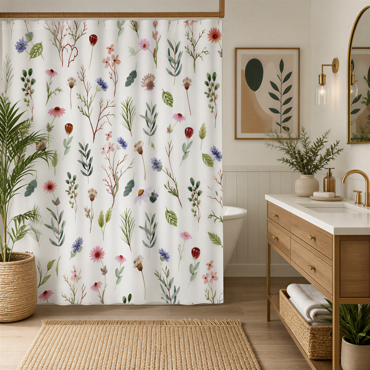 a bathroom with a shower curtain featuring a floral pattern in various colors. The bathroom also includes a wooden vanity with a sink, a mirror, and a potted plant.