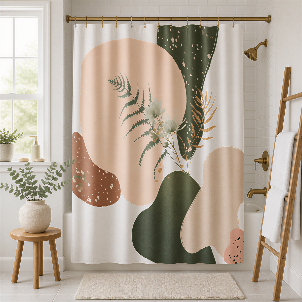 a bathroom with a shower curtain featuring abstract floral and leaf designs in various shades of green, peach, and brown. The curtain is hanging from a rod, and there is a wooden ladder next to it. The bathroom also includes a small table with a plant and a vase, and a window providing natural light.
