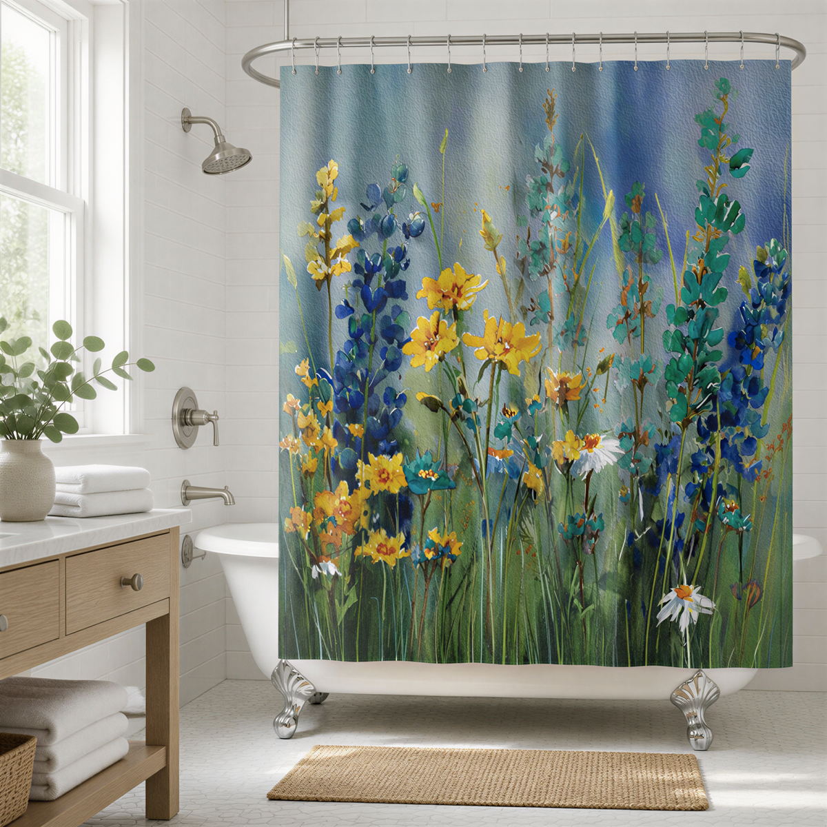 a bathroom with a white bathtub, a shower curtain with a floral design, and a wooden vanity with a plant on it.