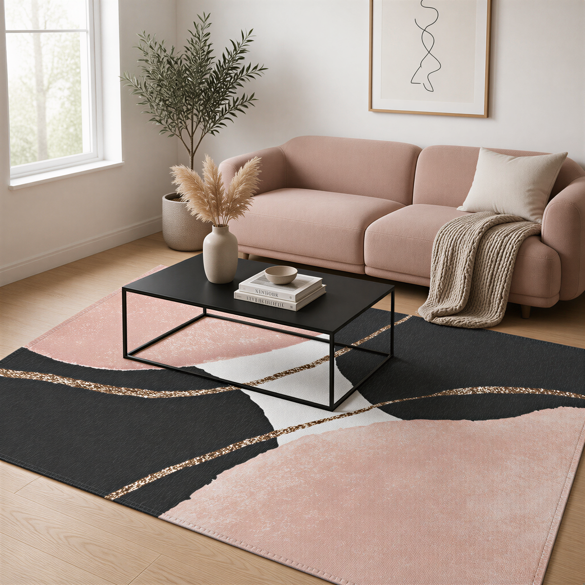 a cozy living room with a pink sofa, a black coffee table, and a large abstract rug with a mix of black, pink, and white colors. The room is decorated with a potted plant, a vase, and a framed picture on the wall.
