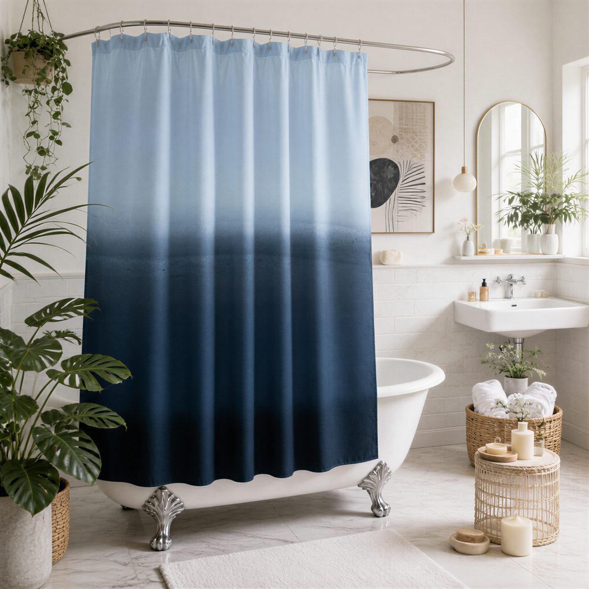 a bathroom with a white bathtub, a blue ombre shower curtain, and various plants and decor.