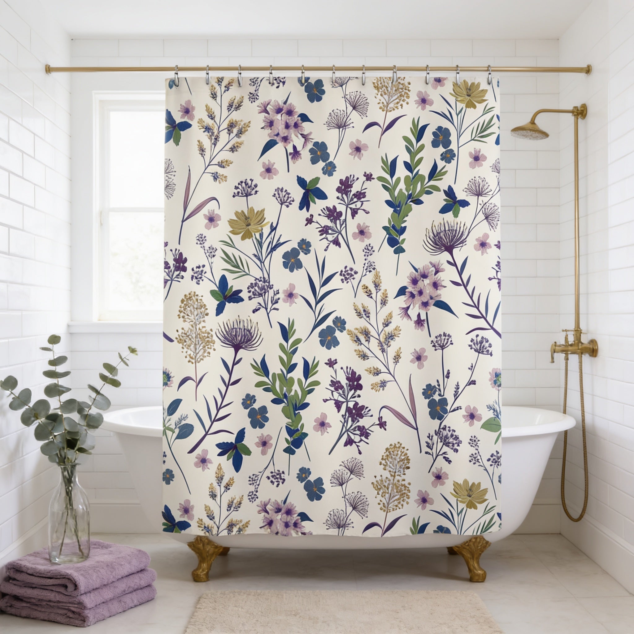 a bathroom with a floral patterned shower curtain, a white bathtub, and a potted plant.