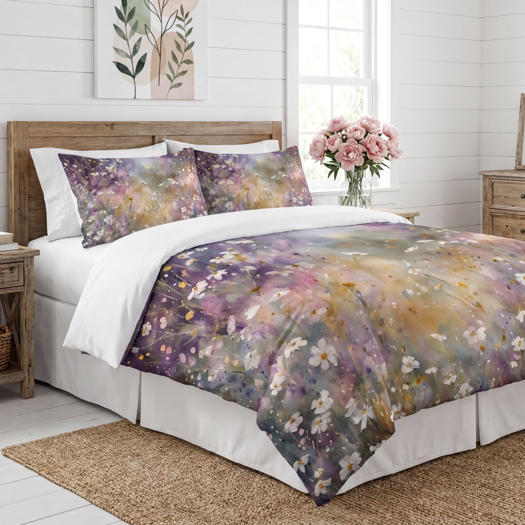 a bedroom with a large bed covered in a colorful floral comforter. The bed is set against a white wall, and there is a vase of pink flowers on the nightstand next to the bed. The room has a rustic, country-style decor with wooden furniture and a woven rug.